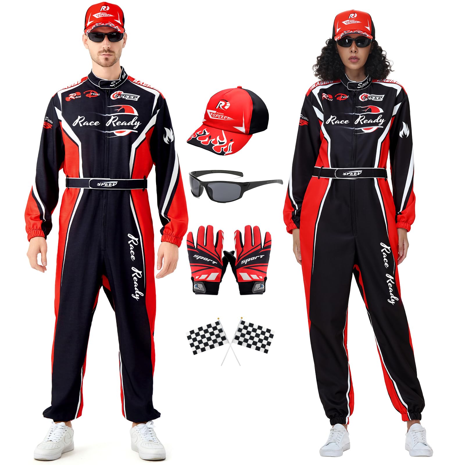 Lopbraa Race Car Driver Costume Men with Hat, Full Set Racing Jumpsuit Racer Outfits with Gloves Flag and Sunglasses for Adult(Black) — image 1