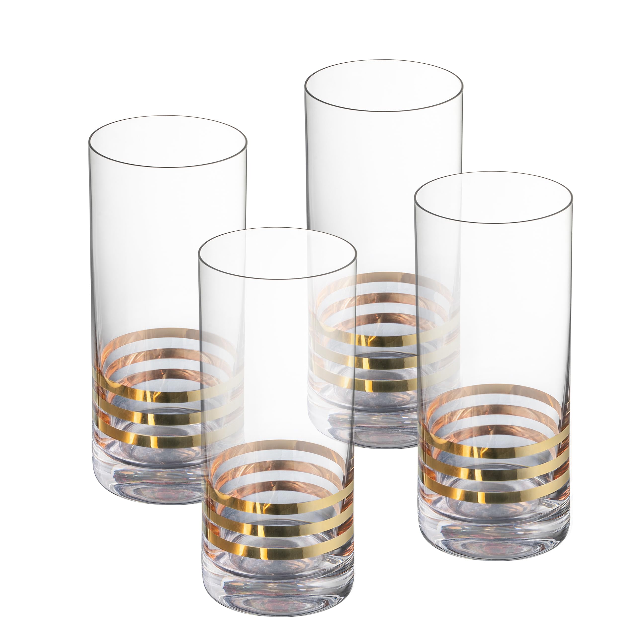 Highball - Juego de 4 vasos Hiball - Cristal de cristal - Tres rayas doradas - Vasos para beber, para agua, zumo, vino, cerveza y cócteles, 14 onzas - by Barski - Made in Europe