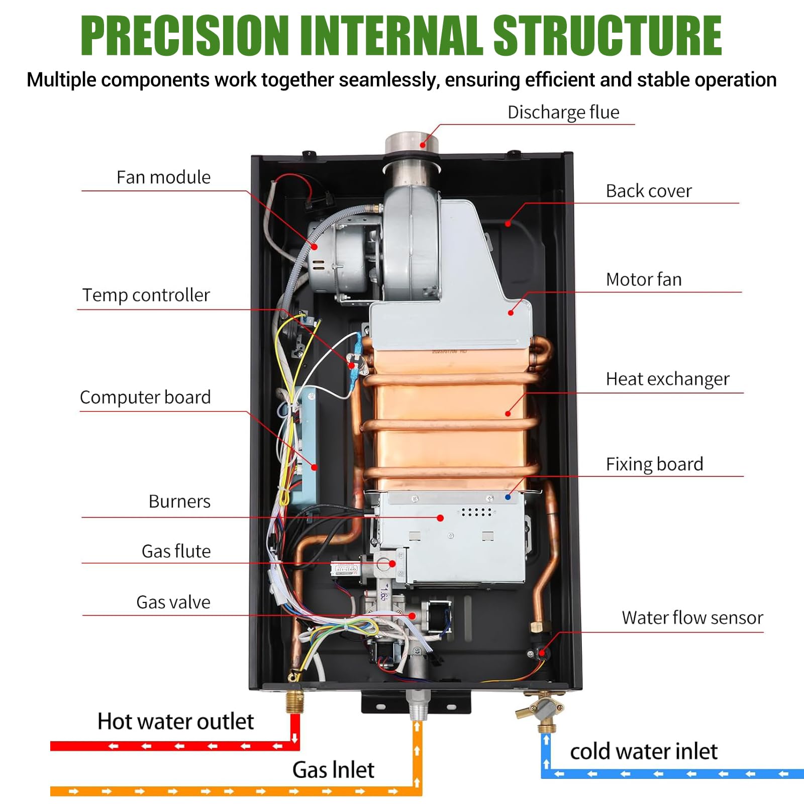 Calentador de agua a gas natural de 16 l con modo invierno y verano, caldera de gas natural, diseño portátil, sin depósito de acumulación, con pantalla digital