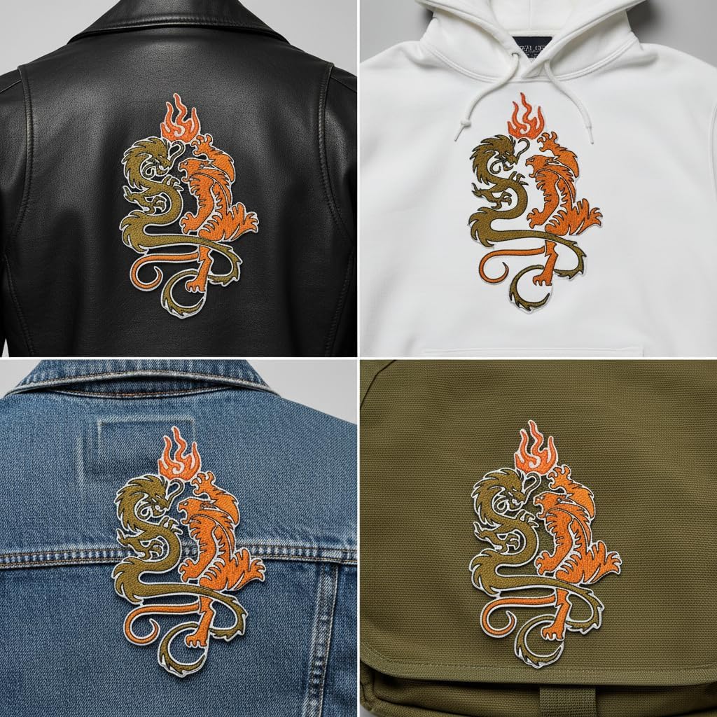 Custom Dragon and Fighting Tiger Combo Embroidered Iron on/Sew Patch [6.5" * 3.5"] [Made in USA]