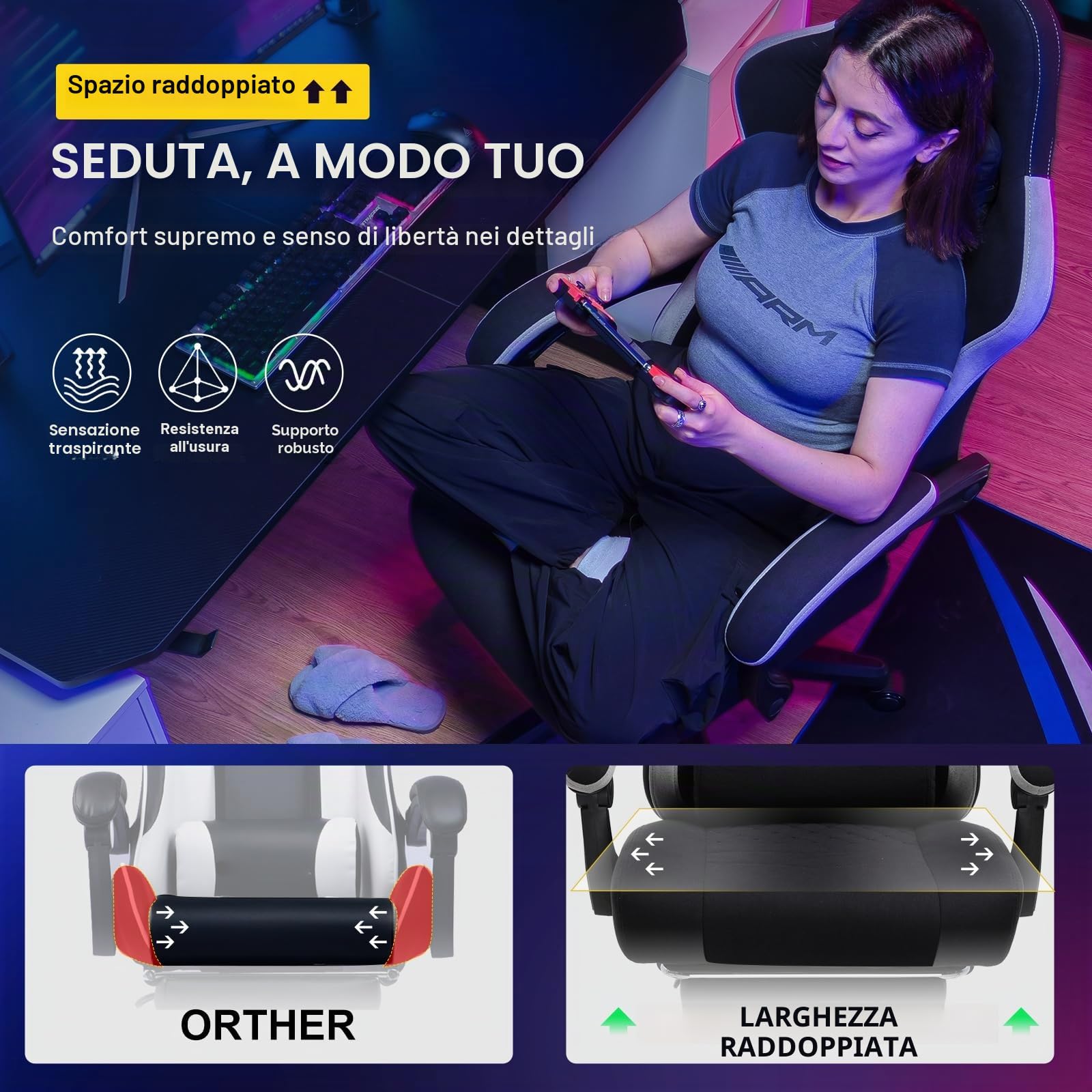 GTPLAYER Sedia da gaming, ergonomica, da scrivania, con superficie in tessuto, cuscino a molla, braccioli di collegamento e poggiapiedi, Negro