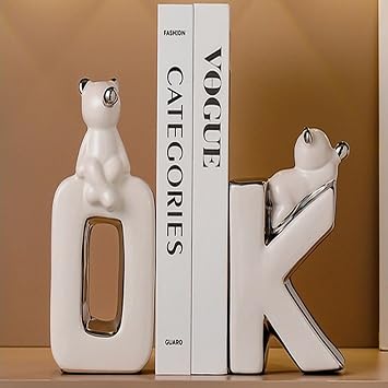 Artkingdome Bookends Classic Letter Simple OK Bookend Decorative Bookends Desk Holder Racks, School Heavy Duty Bookshelf Books Organizer Gift White(Set of 2)