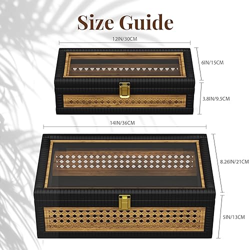 Miniatura 7 de Caja decorativa de ratán, cajas de exhibición bohemias con tapas, juego de 2 decoraciones rectangulares de mimbre para almacenamiento, contenedores