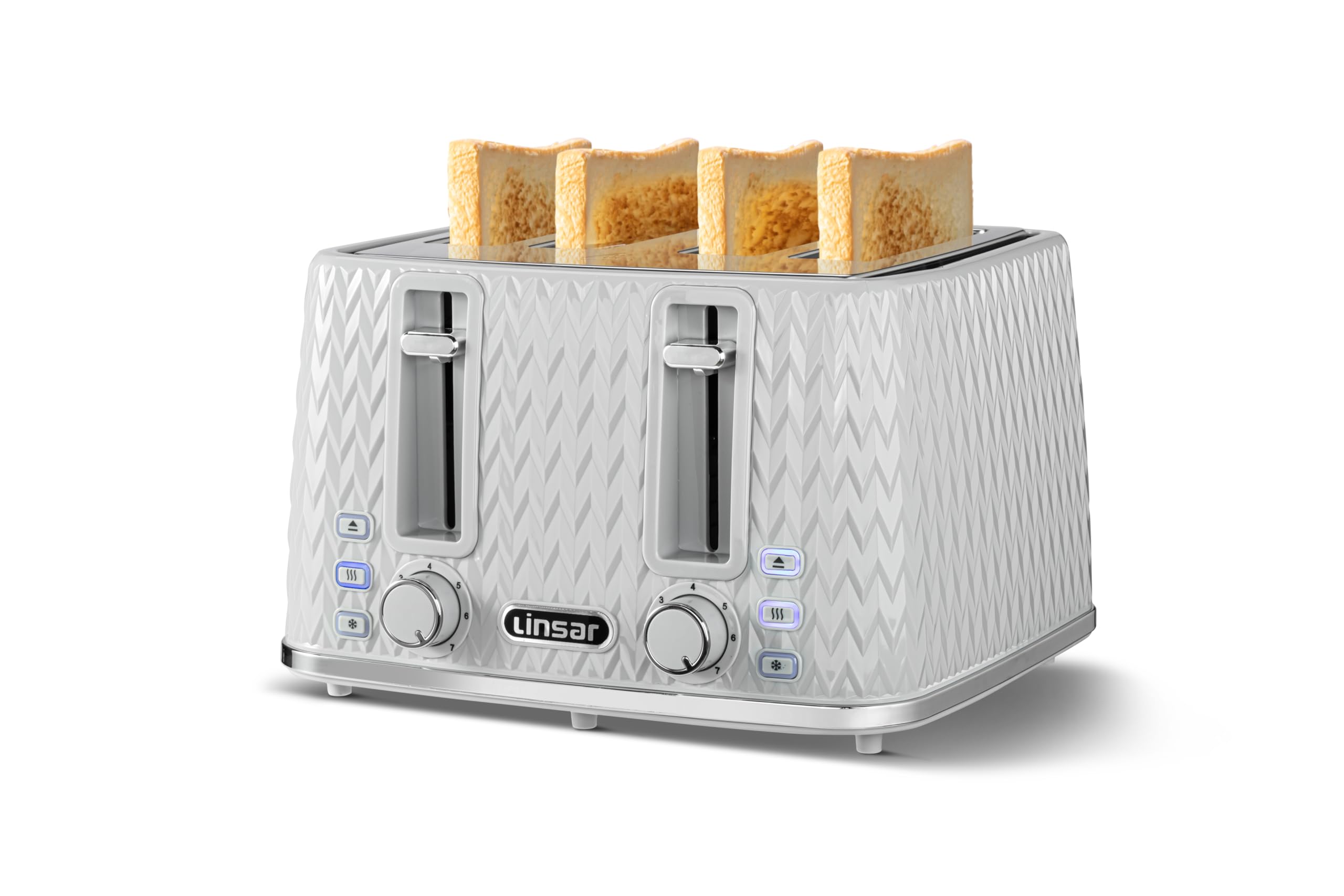 Linsar - 4 Slice Toaster - Unique Curved Texture - Defrost, Reheat, Cancel Functions - 7 Browning Levels, Wide Slots, Removable Crumb Tray - Automatic Switch Off - 1600 Watt (Grey)