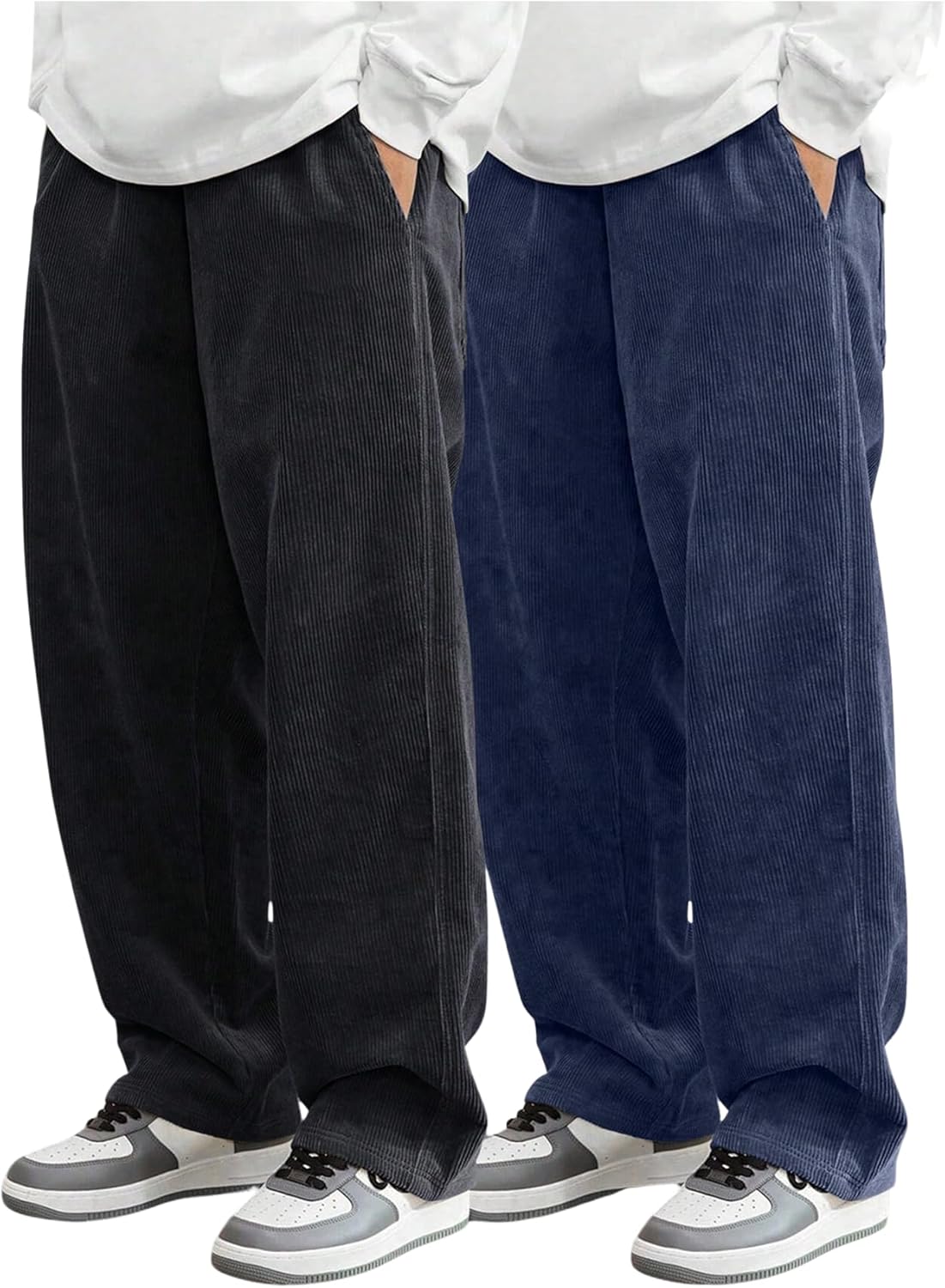 SOLY HUX Men's 2 Piece Corduroy Pants Drawstring Elastic Waist Straight Leg Baggy Pants with Pockets