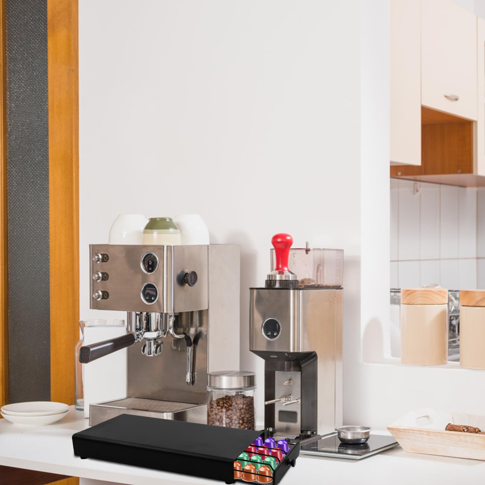 Volumoon Cajón para Almacenar Capsulas, Soporte para Cápsulas de Café Compatible con 40 Cápsulas Nespresso, Portacápsulas Metálico, Dispensador de Cápsulas de Cafe, 37.5 x 17.5 x 5 cm