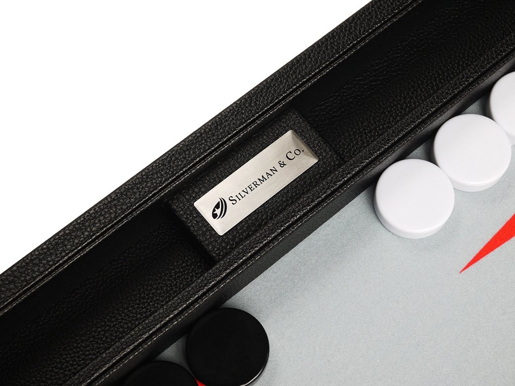 Silverman & Co. Zestaw Premium Backgammon 40 cm - średni rozmiar - czarna deska, białe i szkarłatne czerwone punkty