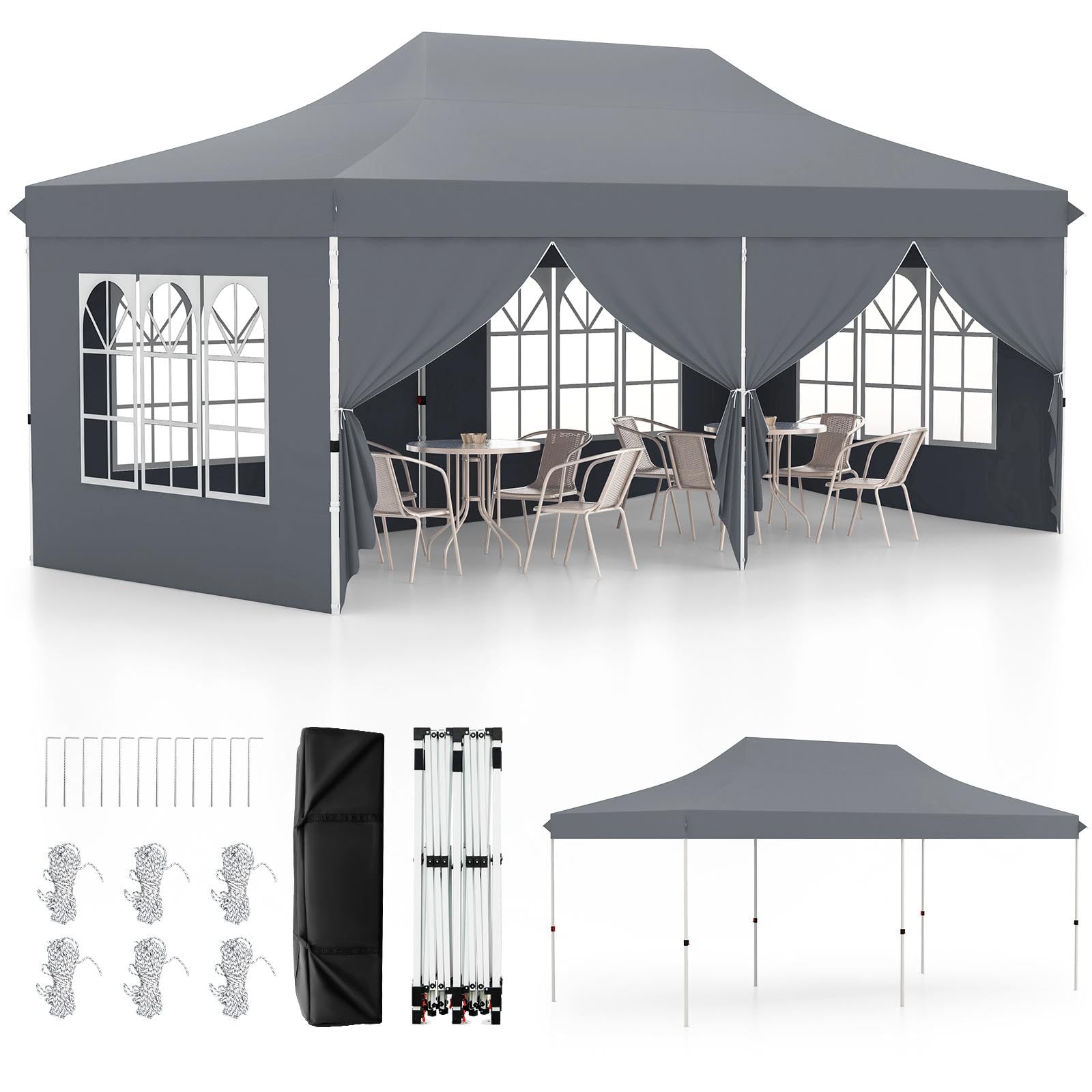 SPOTRAVEL 3m x 6m Pop Up Gazebo, UPF50+ Waterproof Marquee Gazebo Canopy Tent with Carrying Bag, Outdoor 3-Level Height Adjustable Party Tent Shelter for Garden Patio Beach (with Sides, Grey)