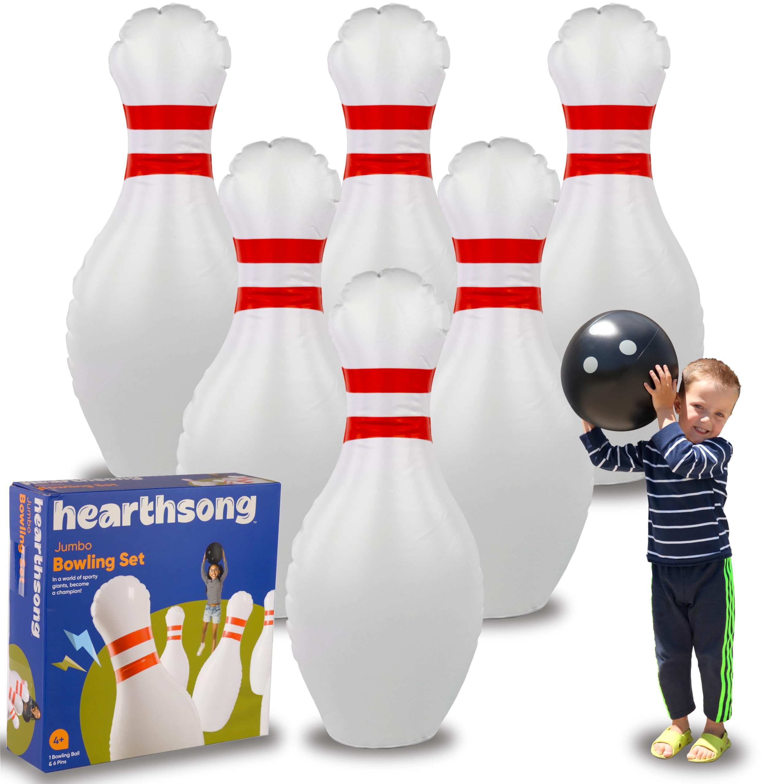 HearthSong Giant Indoor/Outdoor Inflatable Bowling Game for Kids' with Six 18" H Pins and 12.5" Diameter Ball