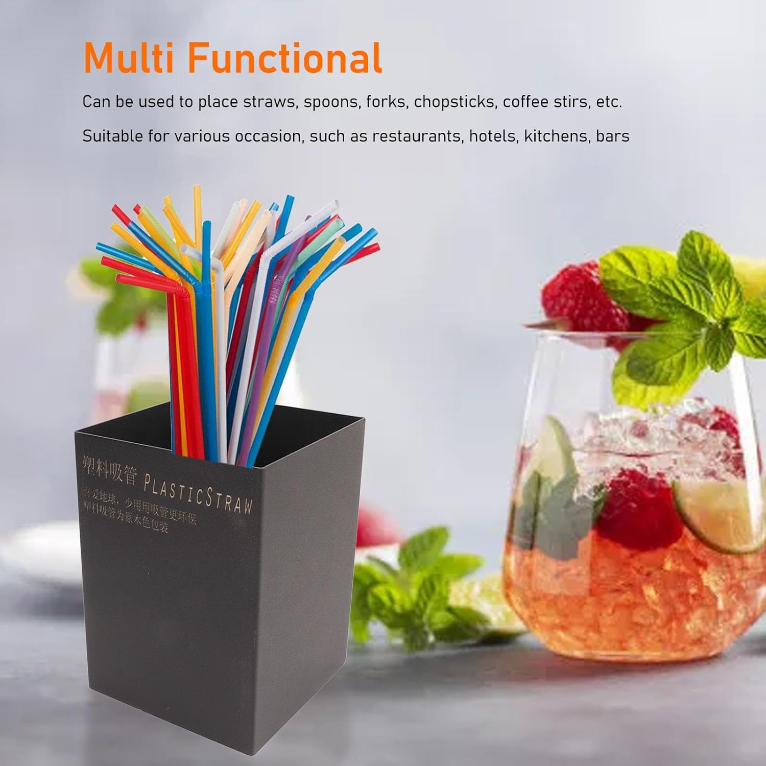 PerGar Straw Holder Dispenser Stainless Steel, Stainless Steel Straw Holder, Straw Dispenser for Counter, Countertop Straw Dispenser, Straw Organizer for Spoons Forks (Black)