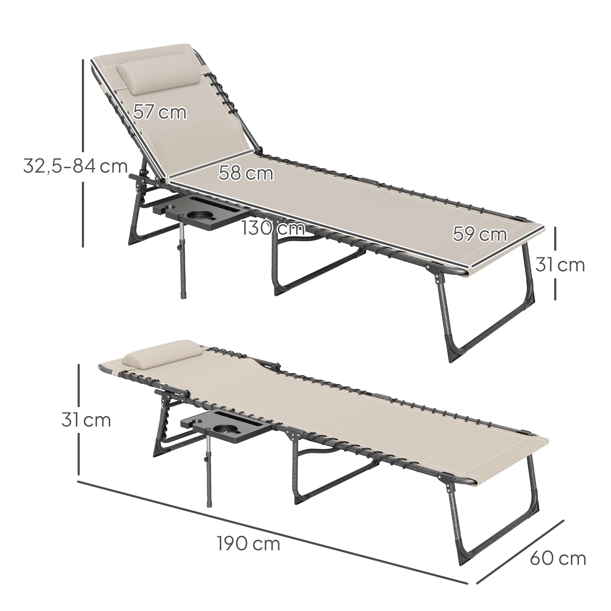 Outsunny Tumbona Plegable, Tumbona Jardín Exterior con Respaldo Ajustable, Reposacabezas, Bolsillo Lateral, Bandeja y Estructura de Acero, Carga 120 kg para Terraza Piscina Playa, 190x60x31 cm, Crema