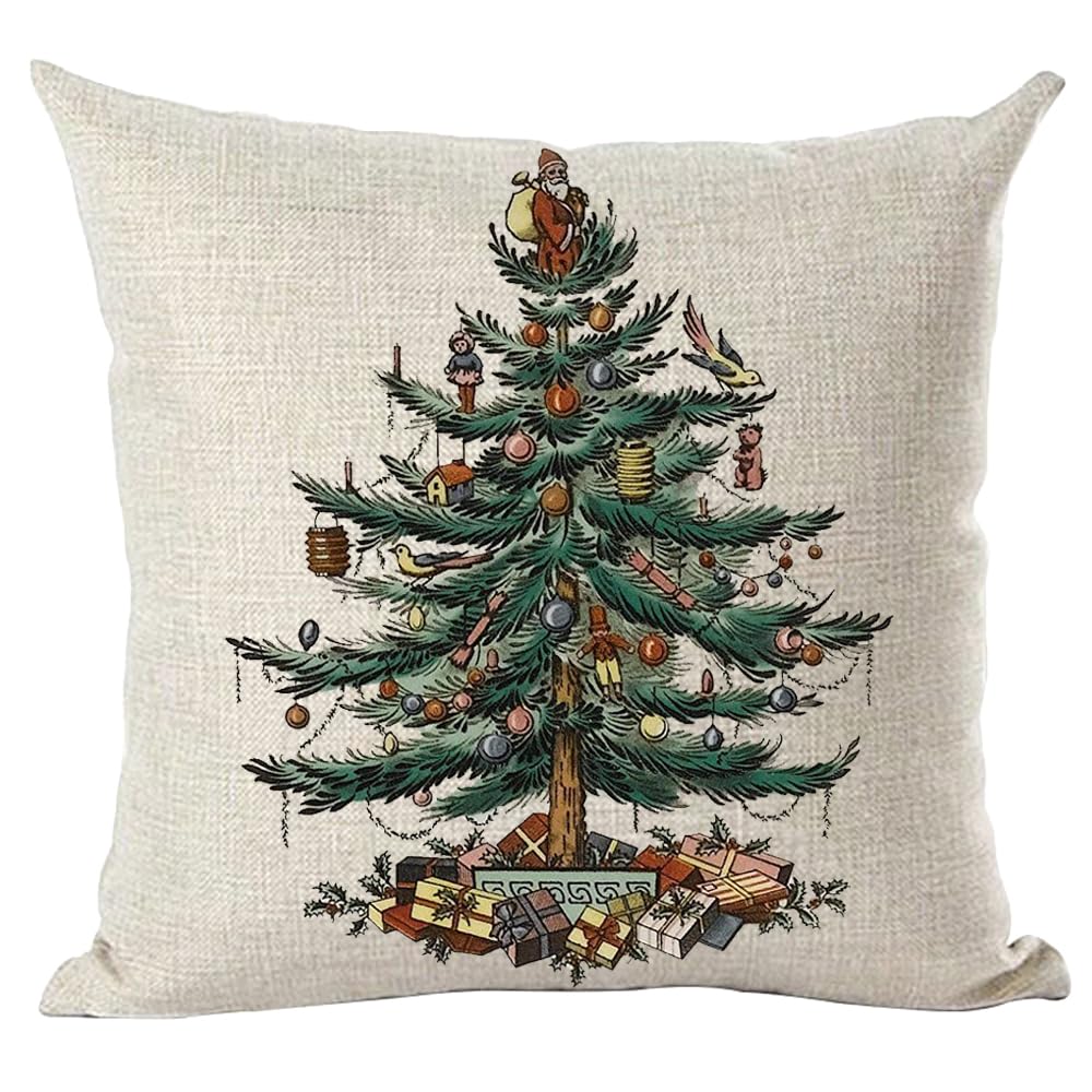 ramirar Merry Christmas Happy New Year Retro Green Pine Tree Balloons Birds Dolls Gifts Decorative Throw Pillow Cover Case Home Living Room Bed Sofa Car Cotton Linen Square 18 x 18 InchesGlobal Recycled StandardGlobal Recycled StandardGlobal Recycled Standard