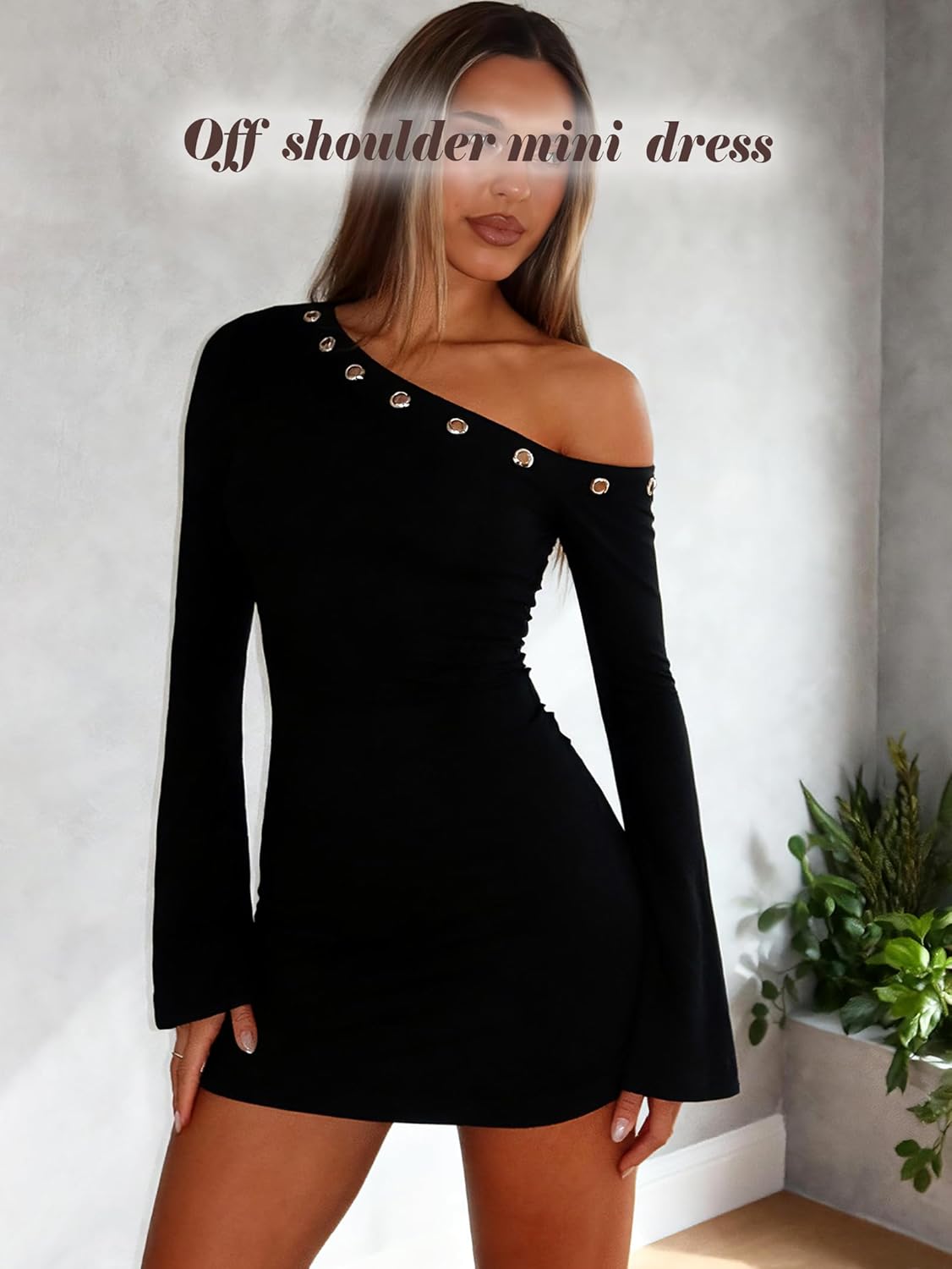 OZICERD Off The Shoulder Mini Dresses for Women Bell Long Sleeve Bodycon Eyelet Cutout Rave Party Club Going Out Dress - Image 6