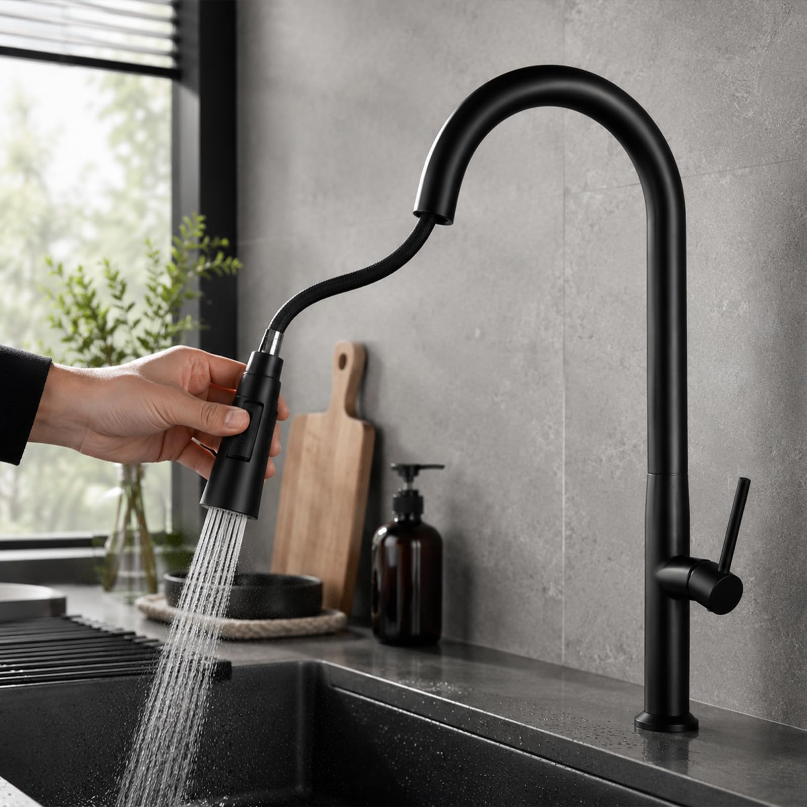 Grifo de Cocina Extraíble, Caño Alto, Giro 360°, Doble Chorro, Acero Inoxidable 304