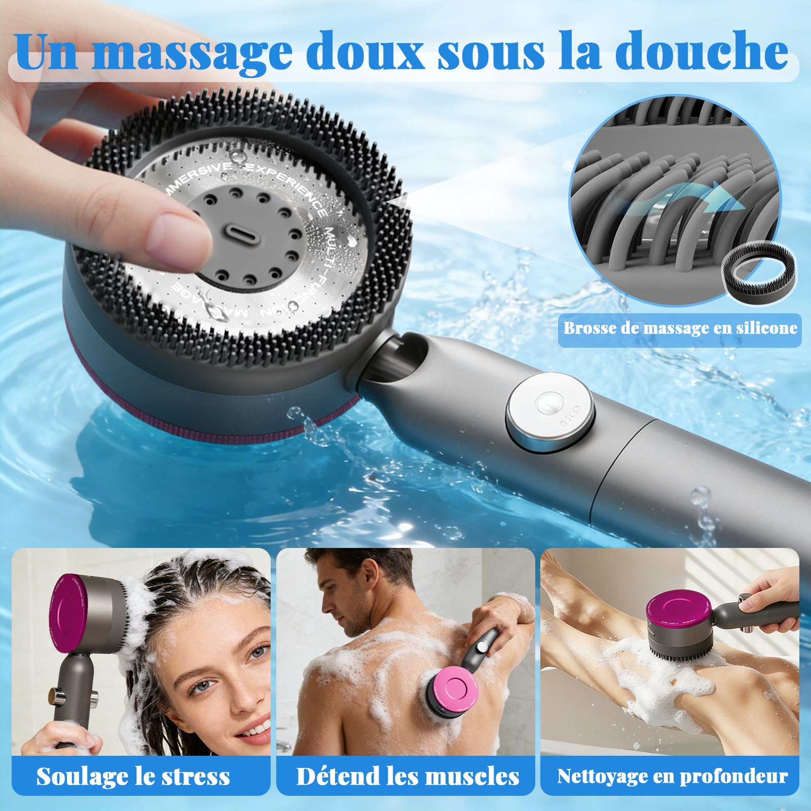 Pommeau de Douche Haute Pression Anti Calcaire,Pommeau de Douche Filtrant Economie d’Eau avec Tuyau 1,5M et Support,4 Modes de Jets Poire de Douche avec Bouton Pause high pressure shower head