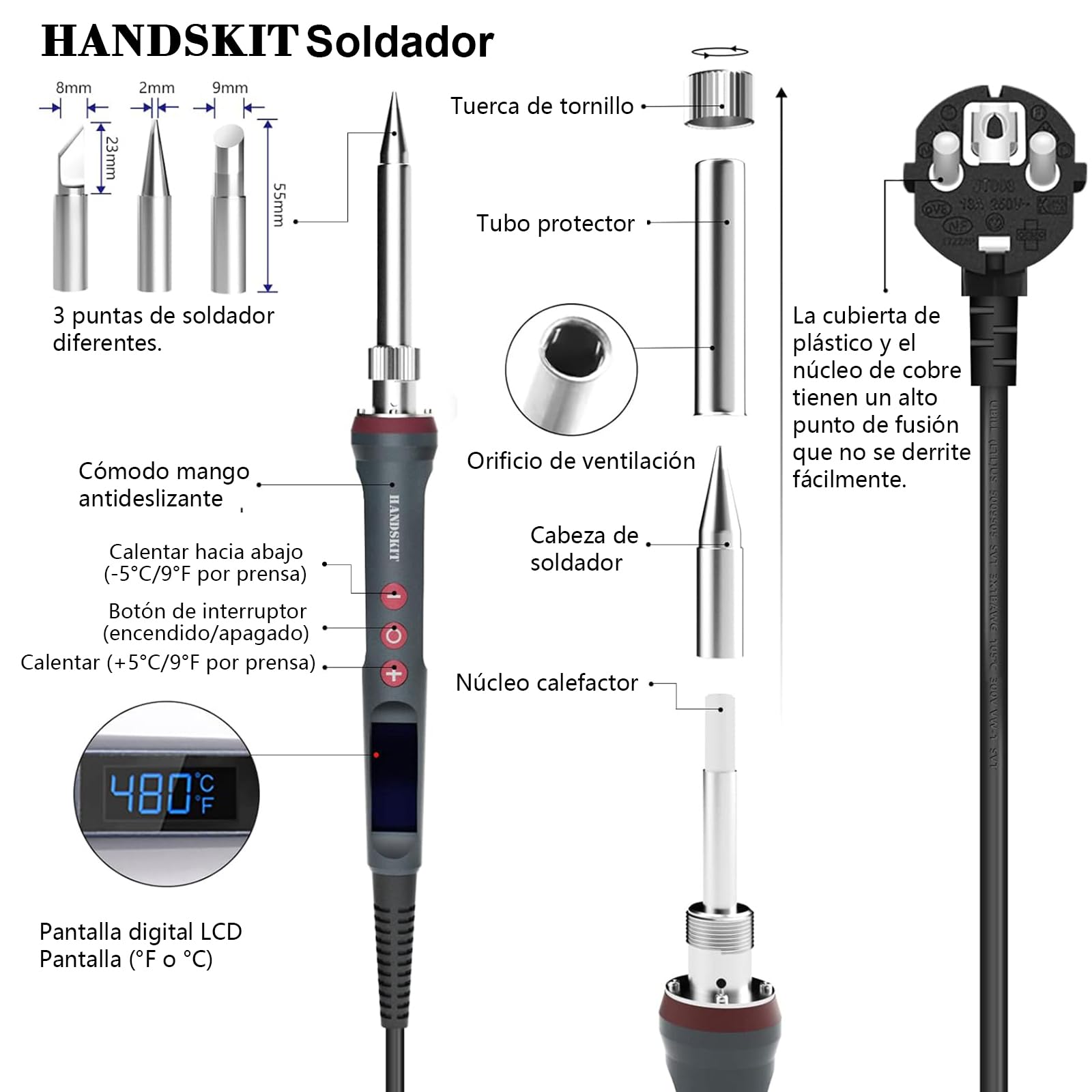 HANDSKIT Soldador Eléctrico 200W con Control de Temperatura Ajustable (180°C-480°C), Pantalla LED, Calentamiento Rápido, Kit Completo con Puntas, Estaño y Mini Soporte, Ideal para Electrónica y DIY