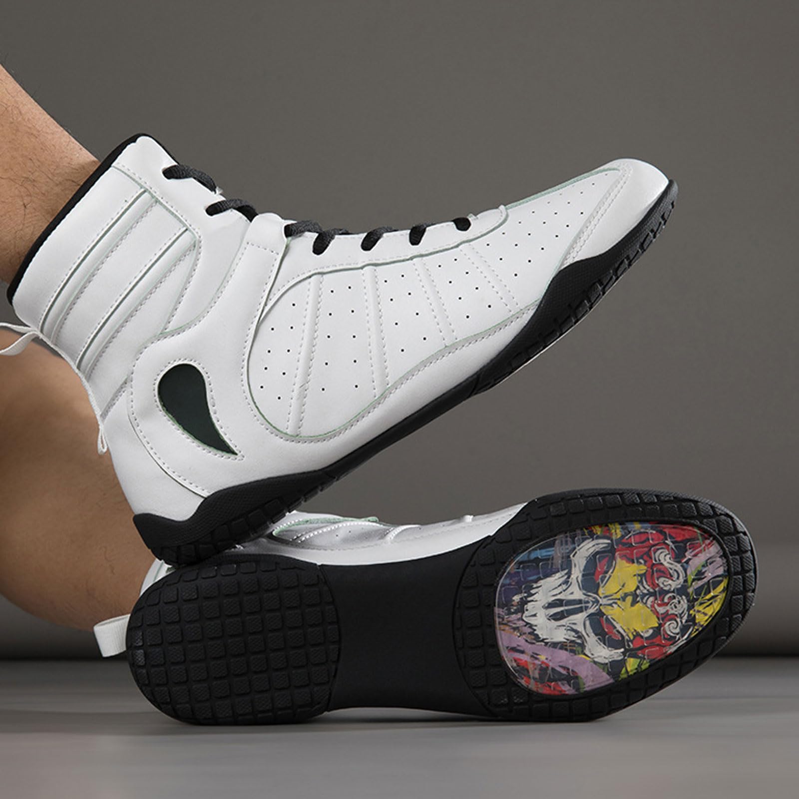 Buty bokserskie na siłownię MMA. Buty bokserskie do treningu fitness. Buty bokserskie unisex. Wysokie buty do zapaśnictwa. | Gumowa podeszwa | czarny/biały | rozmiary 35-46.