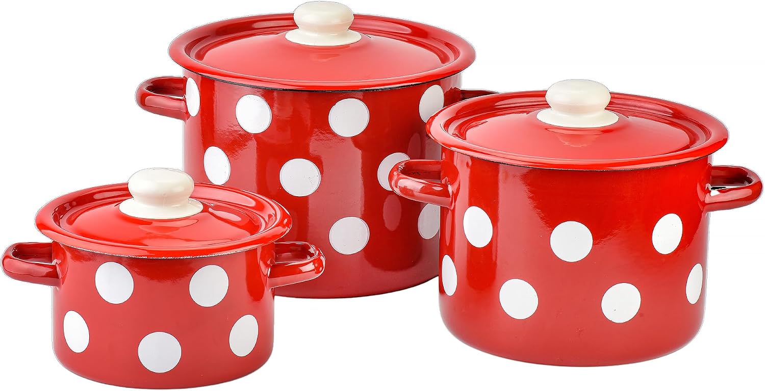 Enamel Pot with Enamel Lid, Enamel Cooking Pot, Soup Pot, Enameled Steel Stock Pot, Enamel Casserole set, Induction Safe, Dishwasher Safe, Set of 3 (Polka Dot, 2.1 Qt, 4.8 Qt, 5.8 Qt)