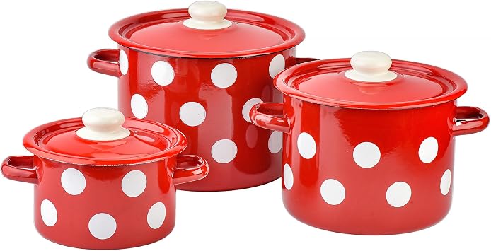 Enamel Pot with Enamel Lid, Enamel Cooking Pot, Soup Pot, Enameled Steel Stock Pot, Enamel Casserole set, Induction Safe, Dishwasher Safe, Set of 3 (Polka Dot, 2.1 Qt, 4.8 Qt, 5.8 Qt)