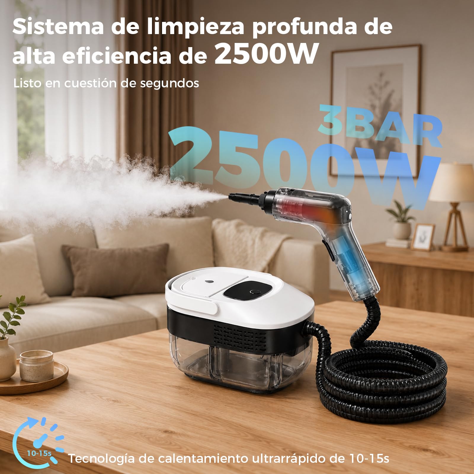 Limpiador de Vapor Portátil 2500W con Depósito 1.6L, Limpiadora de Vapor 3 Bares 3 Niveles Ajustables con 14 Accesorios para Suelos Cocina Sofá Coche Ventanas