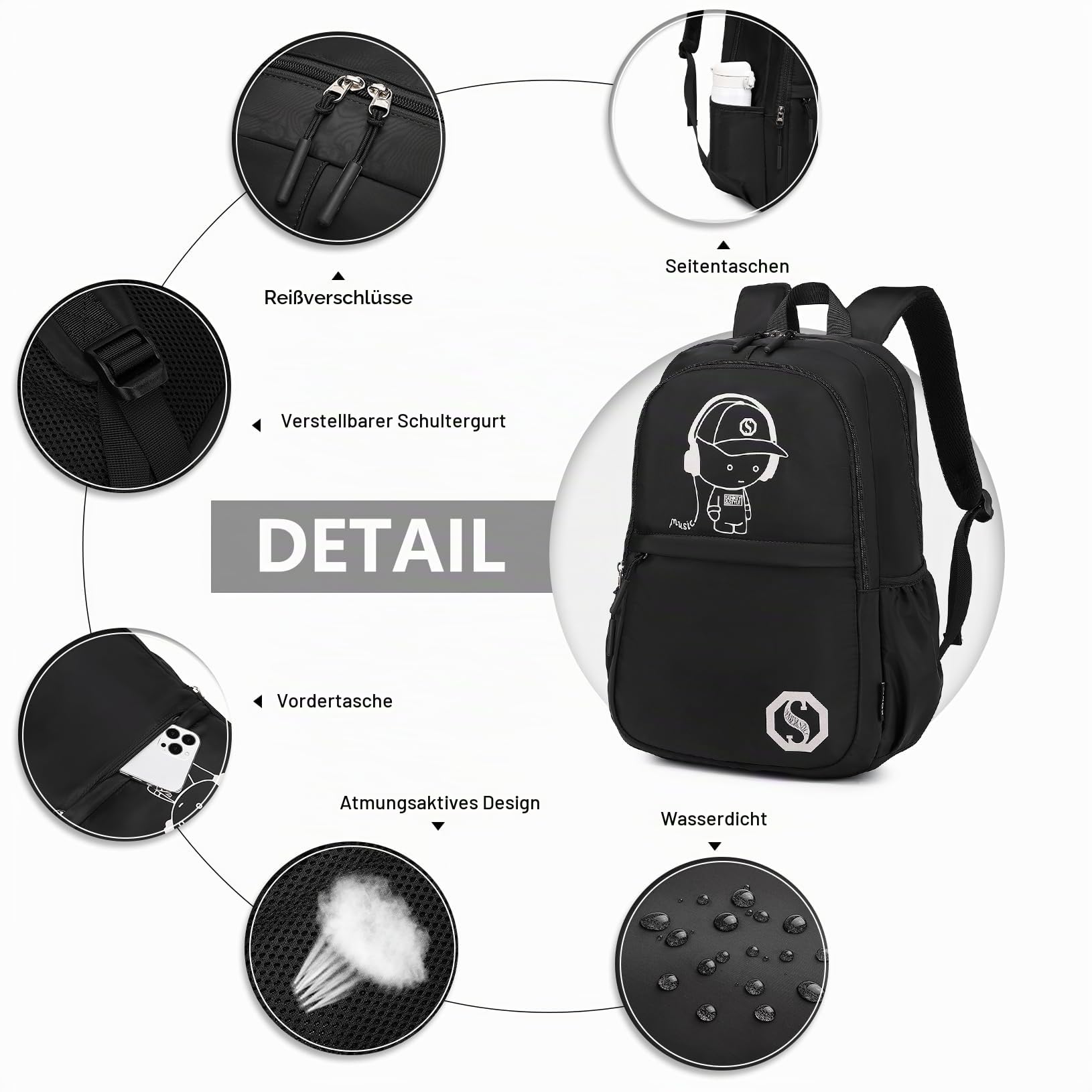KONO Leuchtender Schulrucksack 3-in-1 Set, Anime Jungen Schulranzen Umhängetasche Federmäppchen, 15.6" Laptop Rucksack für Schüler Teenager Mädchen