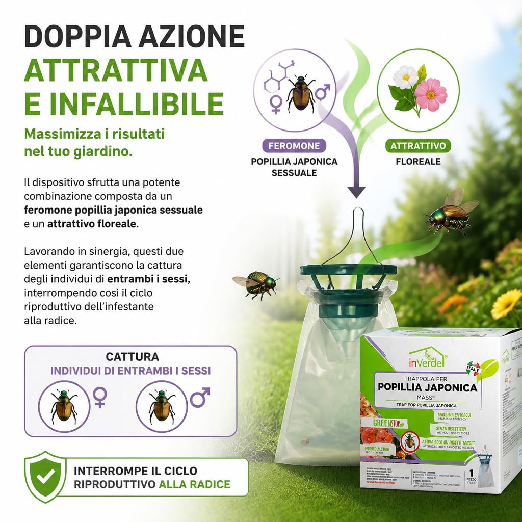 Sandokan, 2 Trappole Popillia Japonica a Feromoni,Alternativa Naturale Insetticida per Popillia,Cattura Insetti con Attrattivo Floreale e 3 Sacchetti Compostabili, Made In Italy