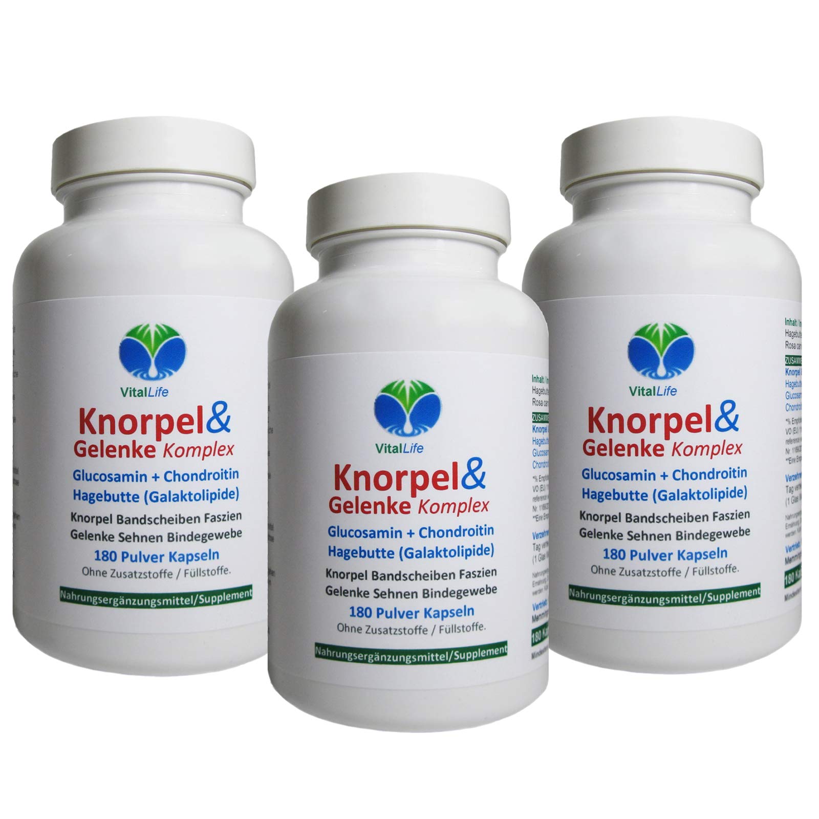 KNORPEL & GELENKE - Glucosamin + Chondroitin + Hagebutte KOMPLEX - 540 (3x180) KAPSELN Gelenkbausteine UND natürliche GELENKVITAMINE ohne ZUSATZSTOFFE. 26995-5