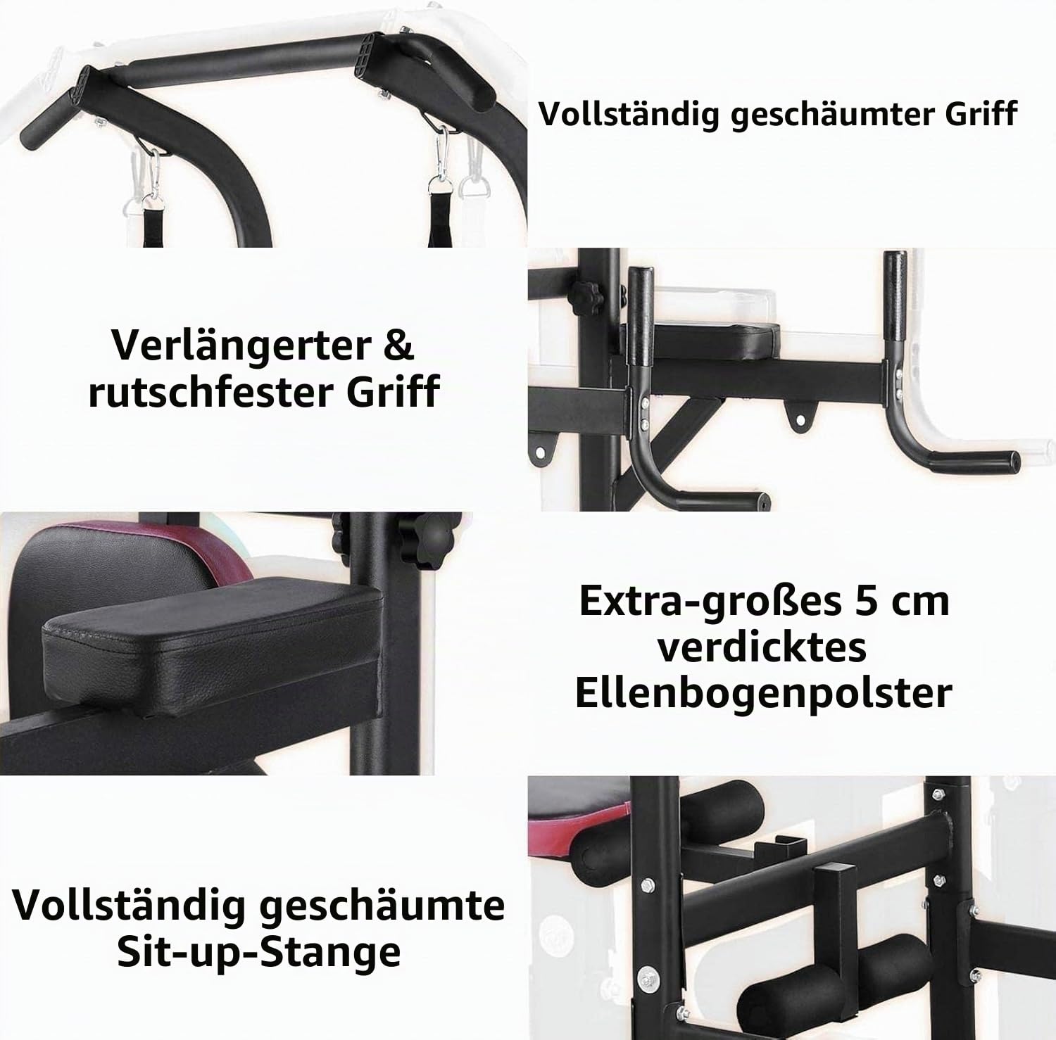 Dip Station Power Tower, Multifunktionale Kraftturm mit klappbarem Hantelbank, Klimmzugstange für Krafttrainingsgeräte für Heim-Fitnessstudio, inkl. Trainingsbänder, Ladekapazität bis zu 200KG