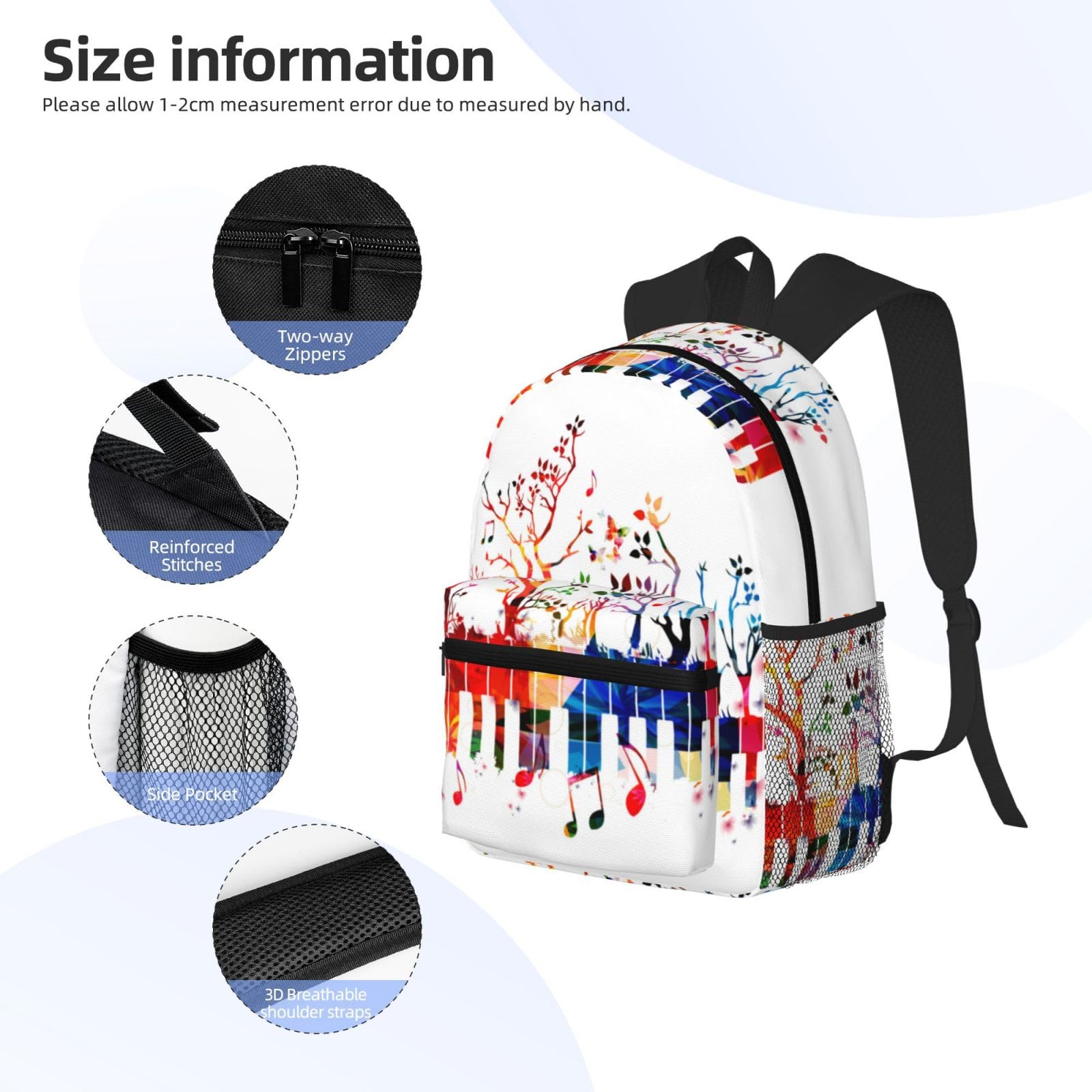 Colorful tastiera pianoforte nota musicale stampato zaino casual leggero borsa da viaggio zaino