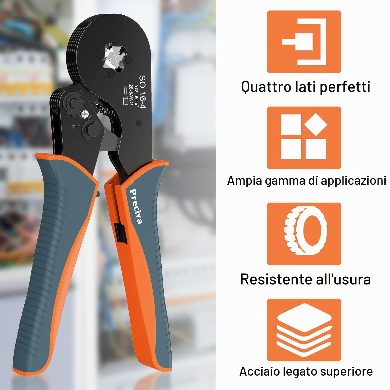 Pinza Crimpatrice Capicorda,Preciva Pinza per Terminali a Ghiera,Strumenti di Crimpatura Pinza a Quattro Lati per Cavi a Cricchetto Autoregolabile per Crimpare 0,08-16 mm²