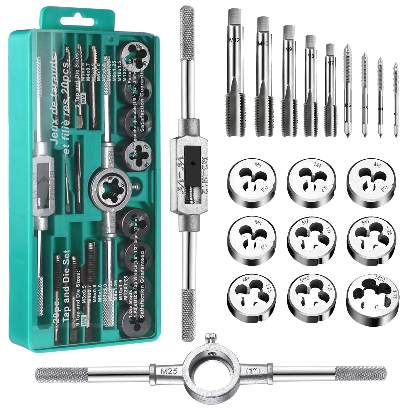 BANTI Tap and Die Set M3 - M12 Fine Thread Cutter Tap and Die Set 20 Pieces Thread Cutting Machine Inch Professional Tap Wrench Metric with Drill Thread Cutting Set Fine Thread