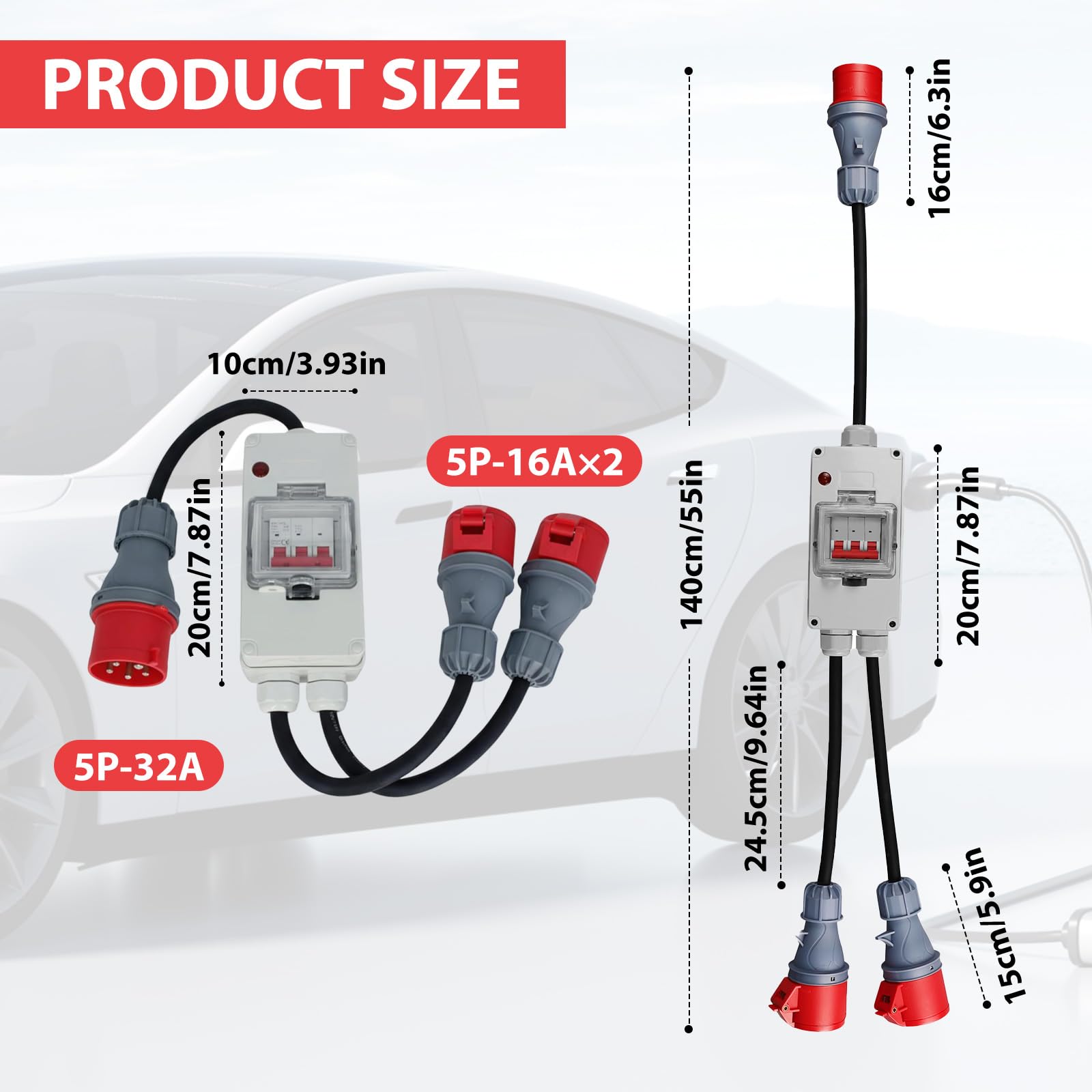 Adapter CEE, wtyczka CEE 5-biegunowa, 32 A do 16 A, 0,5 m na każdym końcu, H07RN-F, 5 x 2,5 mm², rozdzielacz prądu, na kemping, przewód adaptera CEE, pyłoszczelny i wodoszczelny, do samochodów