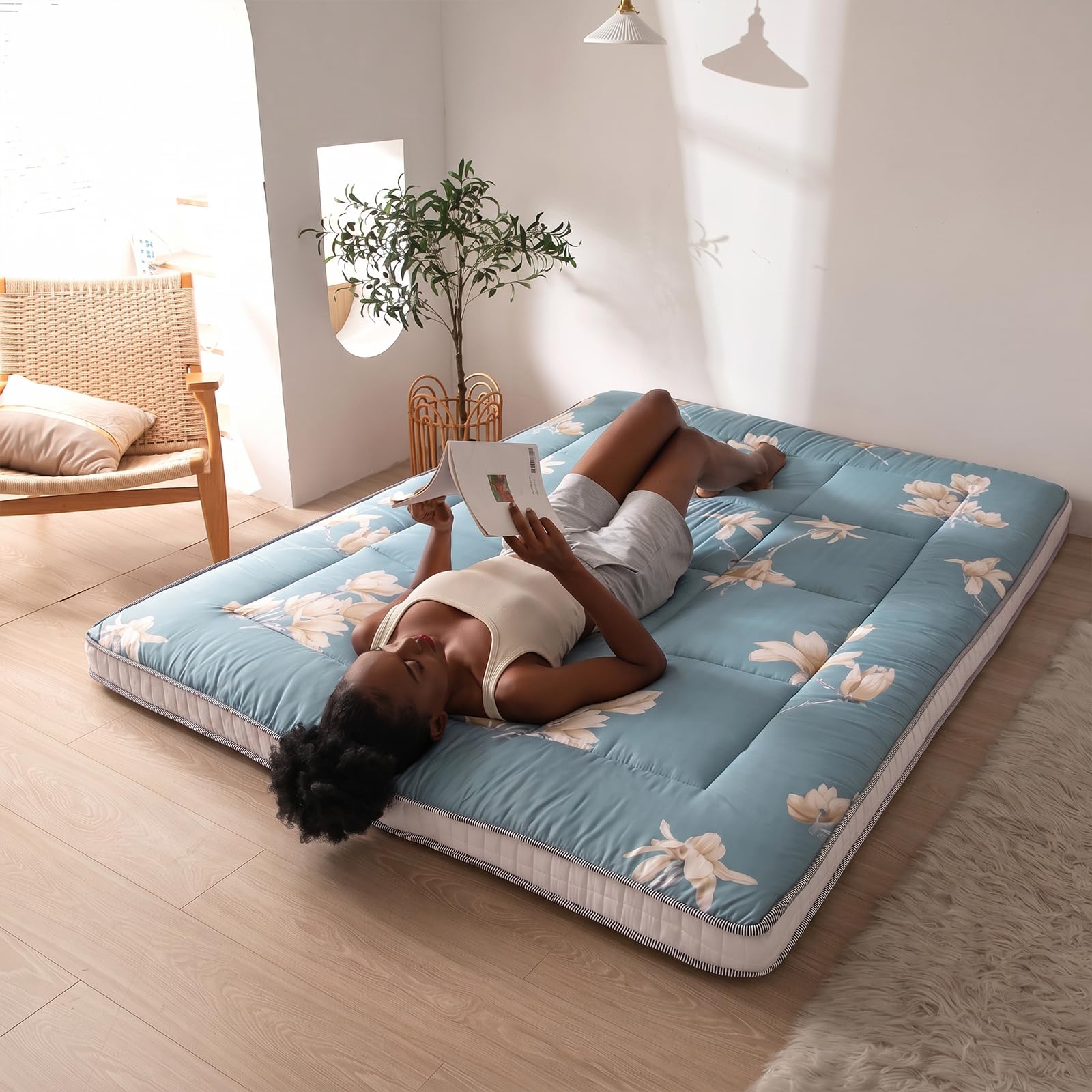 MAXYOYO Futon Matras, Japanse vloermatras, gewatteerd, opvouwbaar bed, katoenen matras, ademende vloermat, Tatami vloerbed, logeerbed