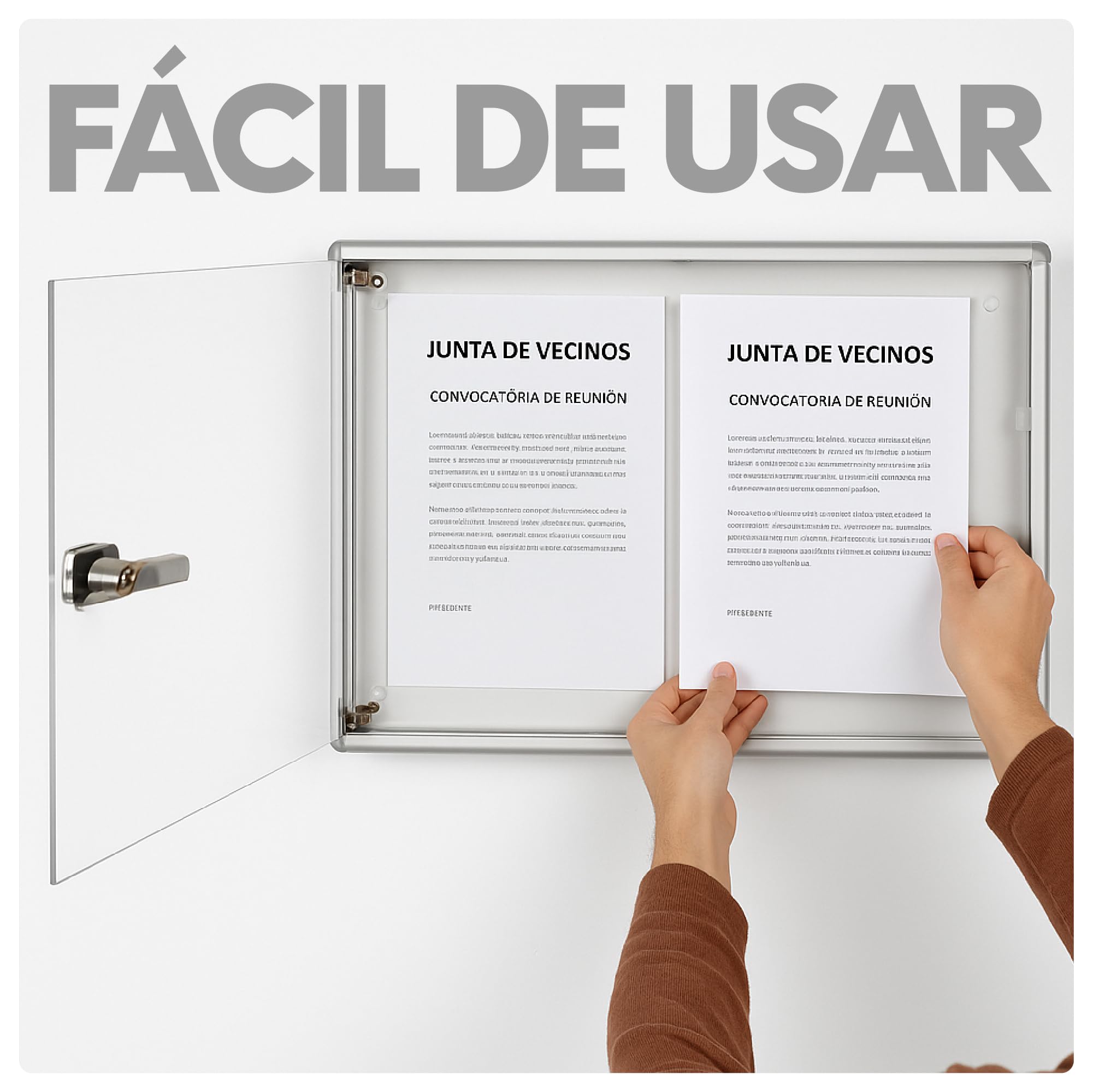Tablon de Anuncios con Llave 46x35cm | Tablón Anuncios Exterior o Interior | Aluminio y Policarbonato Resistente | Fondo Metálico Apta para Imánes | Fácil Montaje