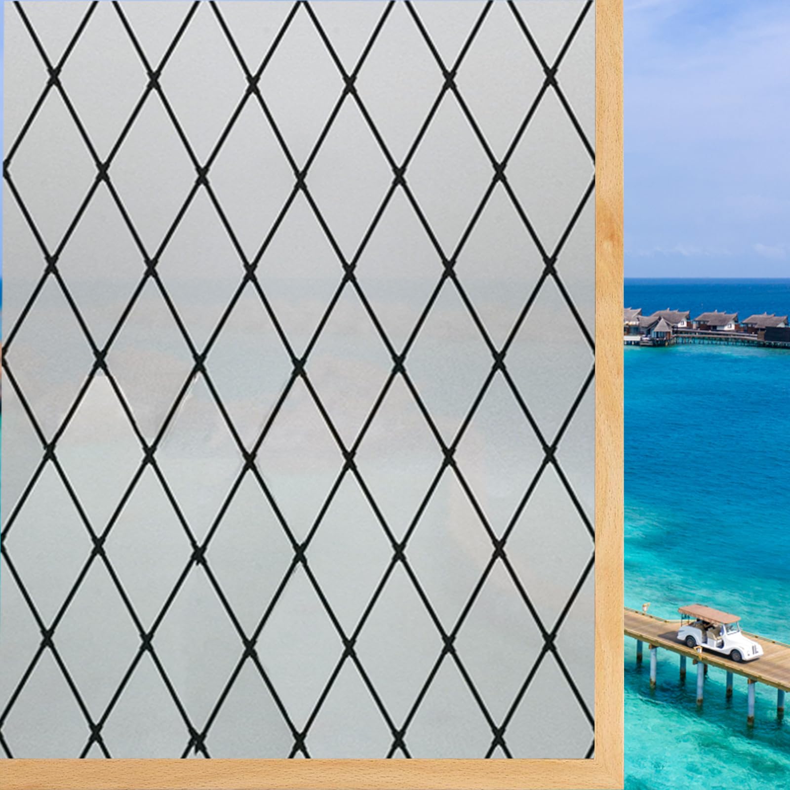Window Film 110 x 300 cm Daytime Privacy, UV Blocking, Frosted, Opaque, Removable, Static Cling, Non Adhesive, Privacy Window Film for Windows, Grid