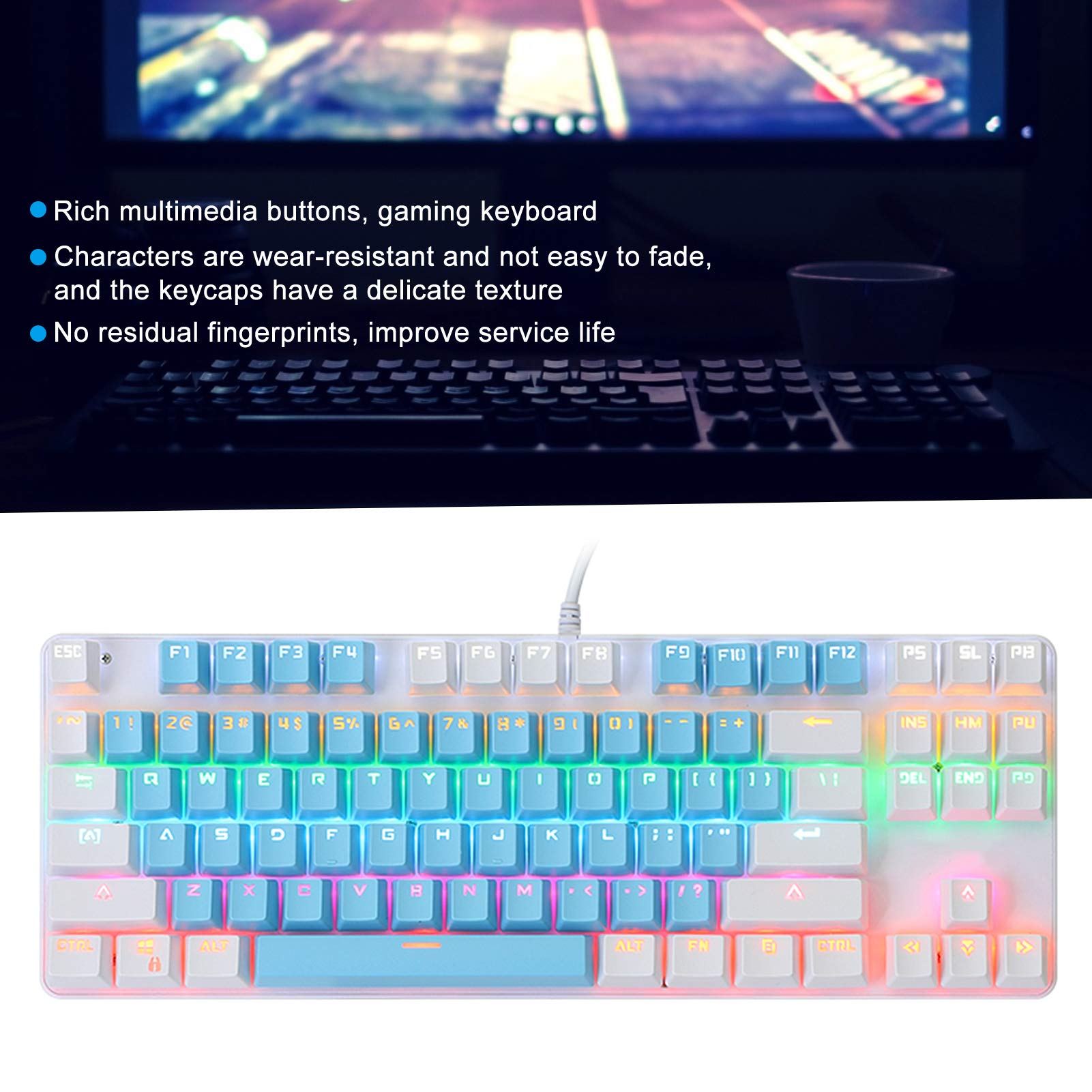 CCYLEZ Tastiera per Computer K100, 87 Tasti, Luce Mista, Periferiche per Computer Meccaniche, Connessione USB Cablata, per Laptop Desktop, Plug And Play(Blu e Bianco)