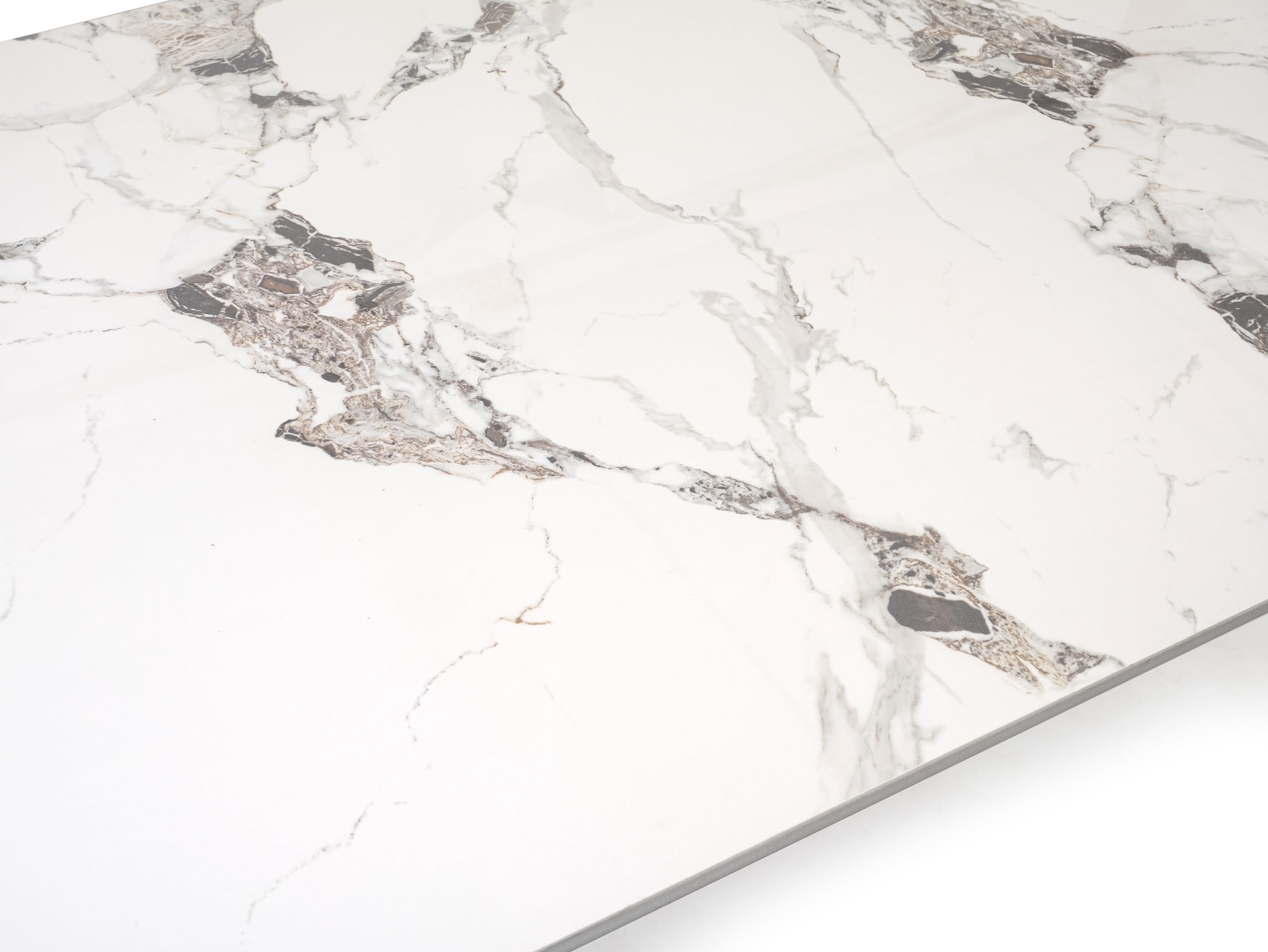 Homely® | Mesa de Comedor Cairo PK 120x70 cm. Tapa Porcelánico | Acabado Efecto Mármol Calacatta Gold | Patas Metálicas Negras | Mesa cerámica Cocina, Comedor, Escritorio (Blanco-Gold)