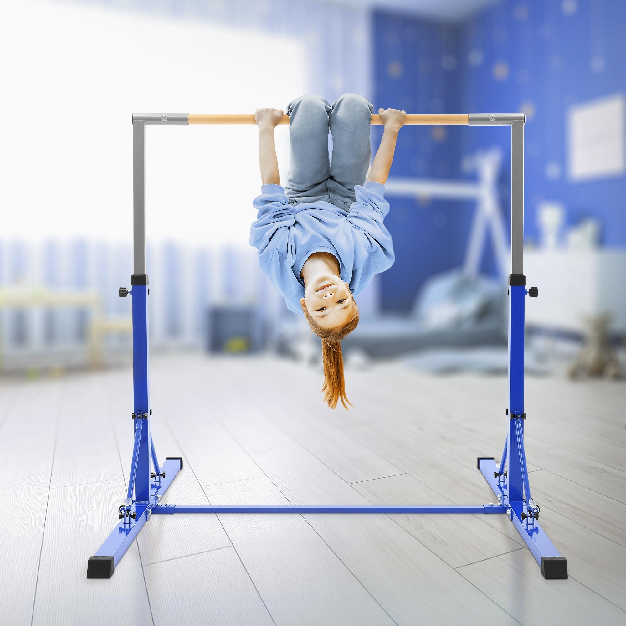 Hauki Barra de Gimnasia Artística Horizontal para Niños Azul/Púrpura Equipo Entrenamiento Infantil Plegable Base Estable Altura Regulable 95,5-150cm Madera/Acero Ejercicios en Casa Interior/Exterior
