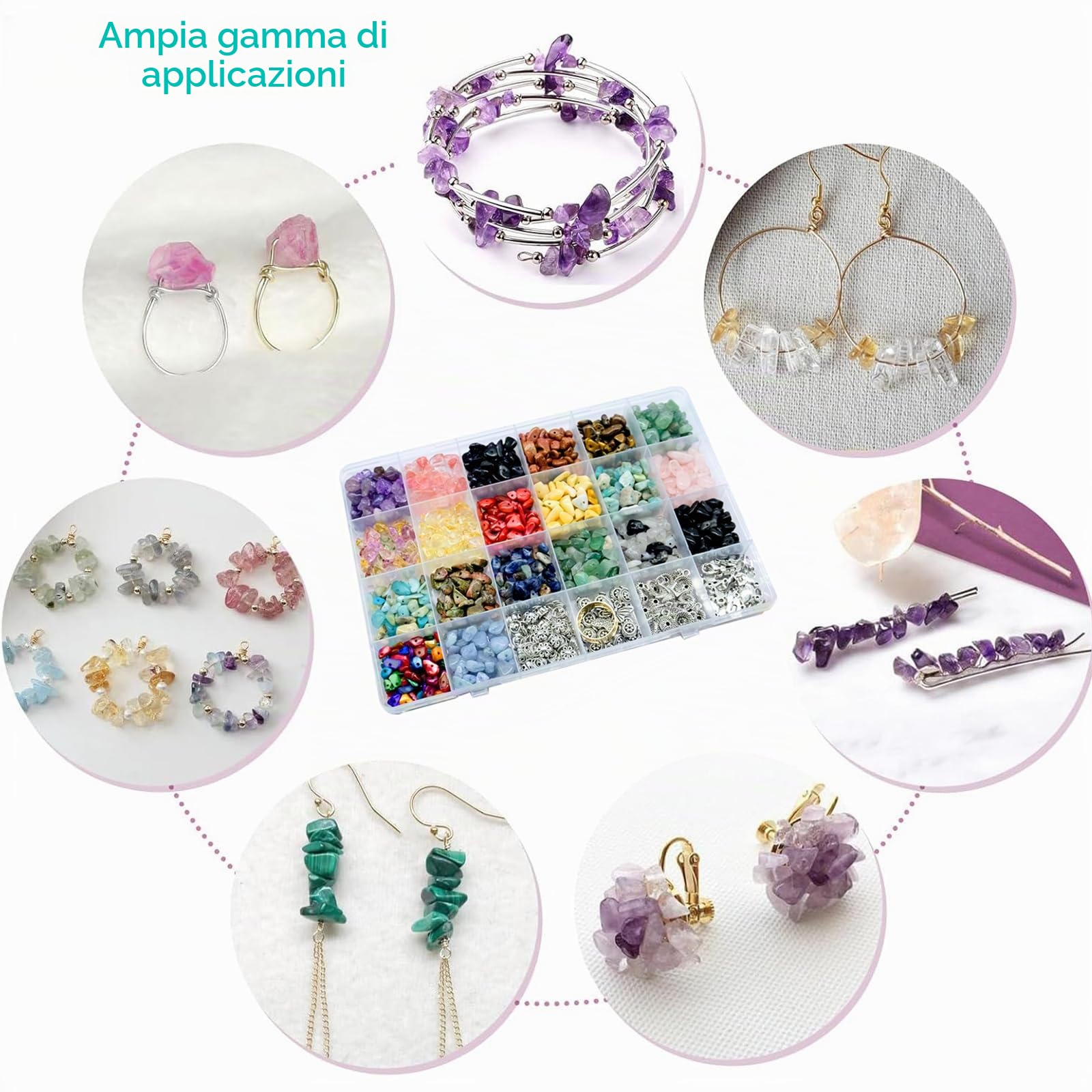 Set per Creare Gioielli con 24 Colori 1073 Perline di Pietre Preziose di Forma Naturale con Foro, Perline di Pietra da 5-7 mm per Gioielli Fai da Te, Bracciali, Collane e Orecchini, Set di Perline di