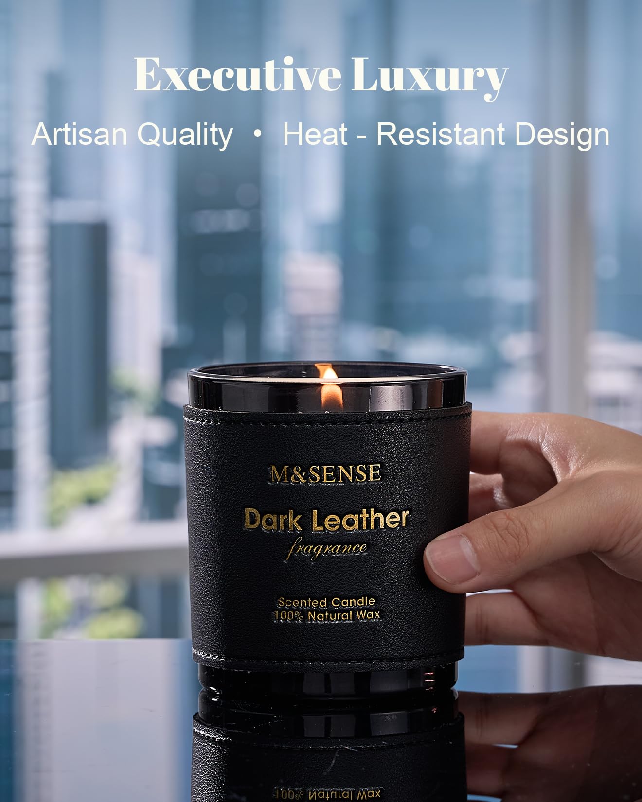 M&SENSE Velas Aromáticas Dark Leather 283g, Aroma Cuero Intenso, Regalo Hombre Original de Lujo, Cera de Soja 50h, Decoración Industrial y Retro