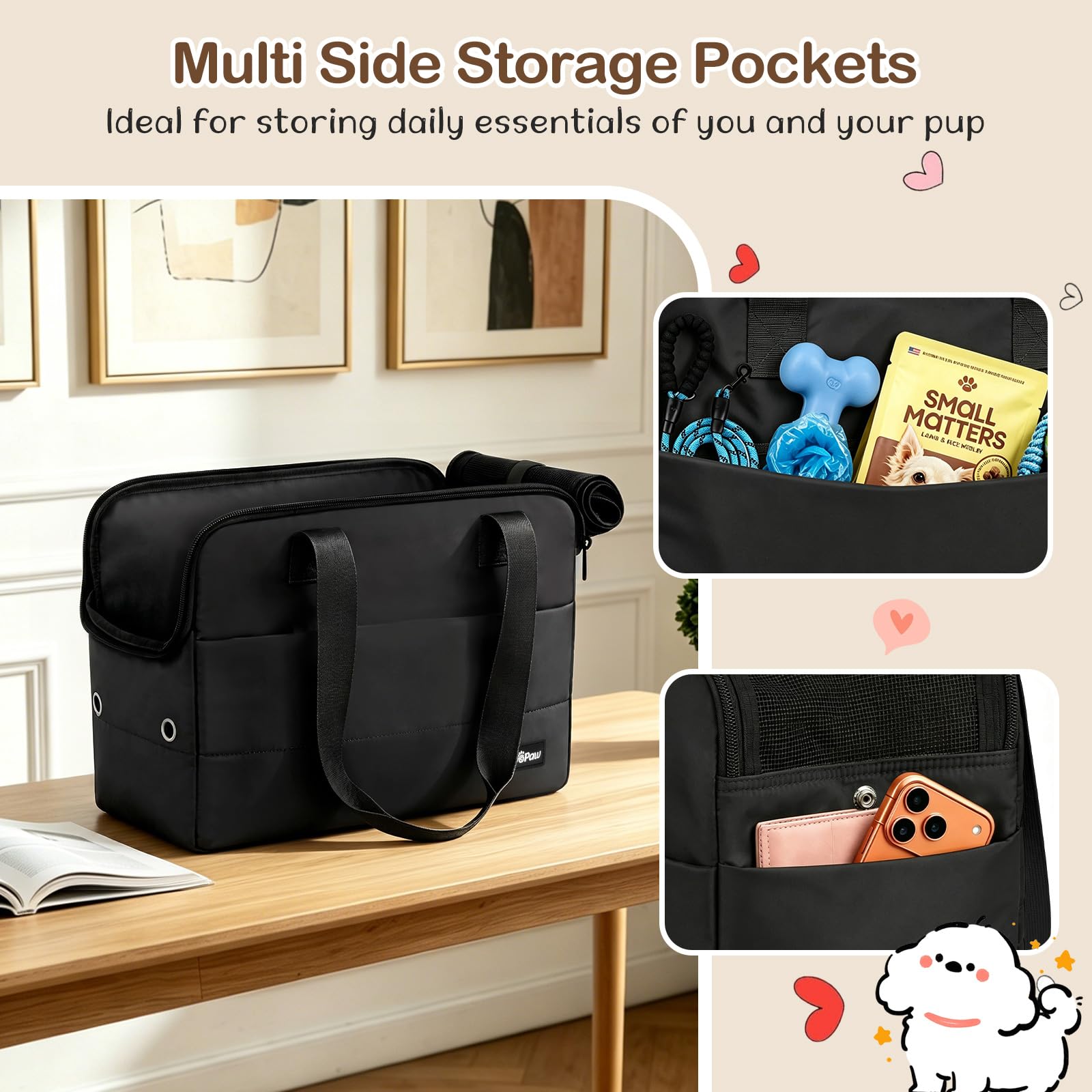 Bolso Transportín para Perros Pequeños, 15" X 11" X 7,9" Transportín De Viaje para Mascotas con Almohadilla De Apoyo, Ganchos De Seguridad, Múltiples Bolsillos, Transportín Blando para Gatos, Negro
