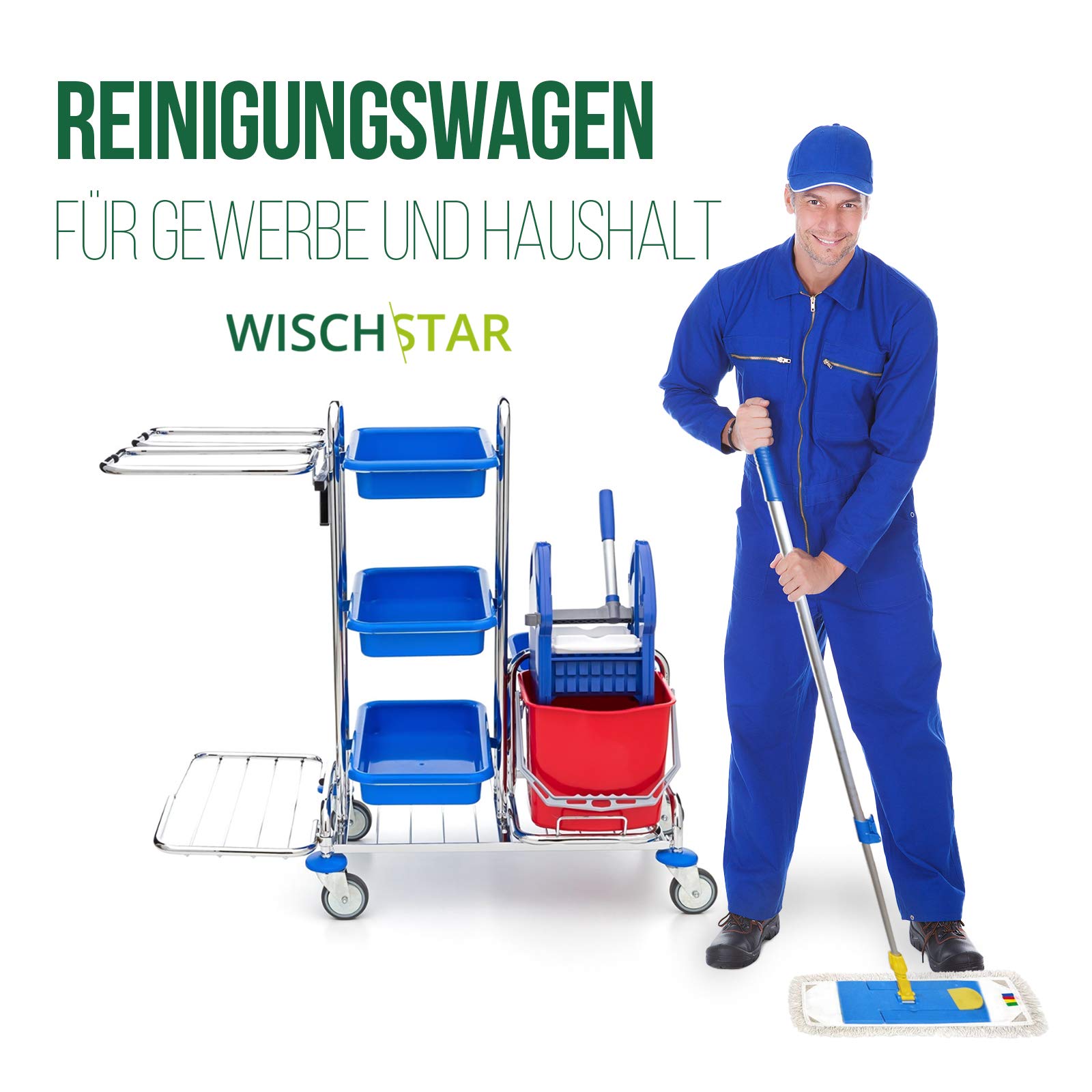 Wisch-Star Chrom Putzwagen Reinigungswagen mit Presse, 2X 17 Liter Eimer, 3X Ablagefächer und 2X 120 Liter Müllsackhalterung