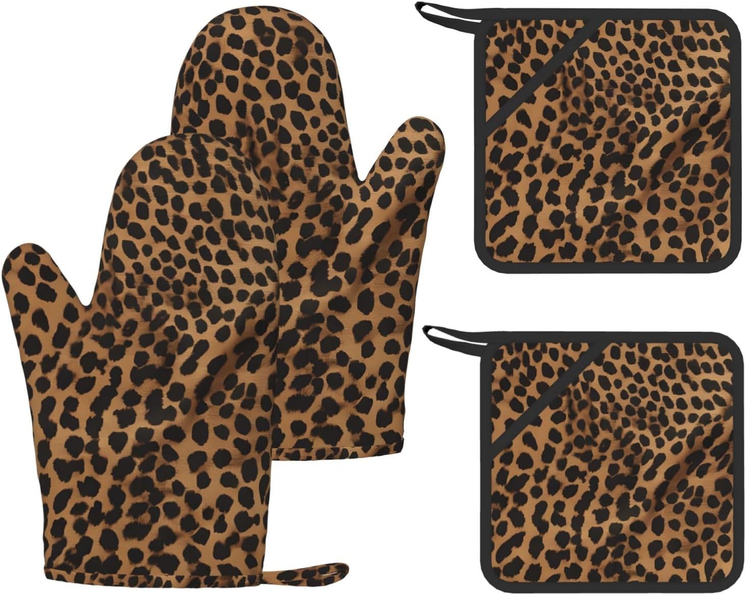 Leopard Print 4pcs Oven Mitts and Pot Holders Sets for Kitchen, Silicone Oven Gloves Non-Slip Potholders Hot Pads for Baking Cooking