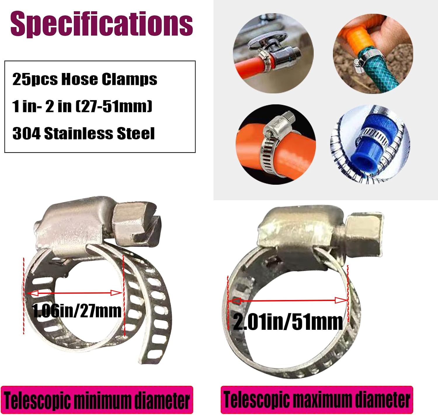 DVBB 16 PCS Stainless Steel Hose Clamps, 1 inch to 2 inch 304 Stainless Steel Worm Gear Fuel Line Hose Worm Gear Metal Hose Clamps for Pipe, Dryer Repair, Tubing and Fuel Line,