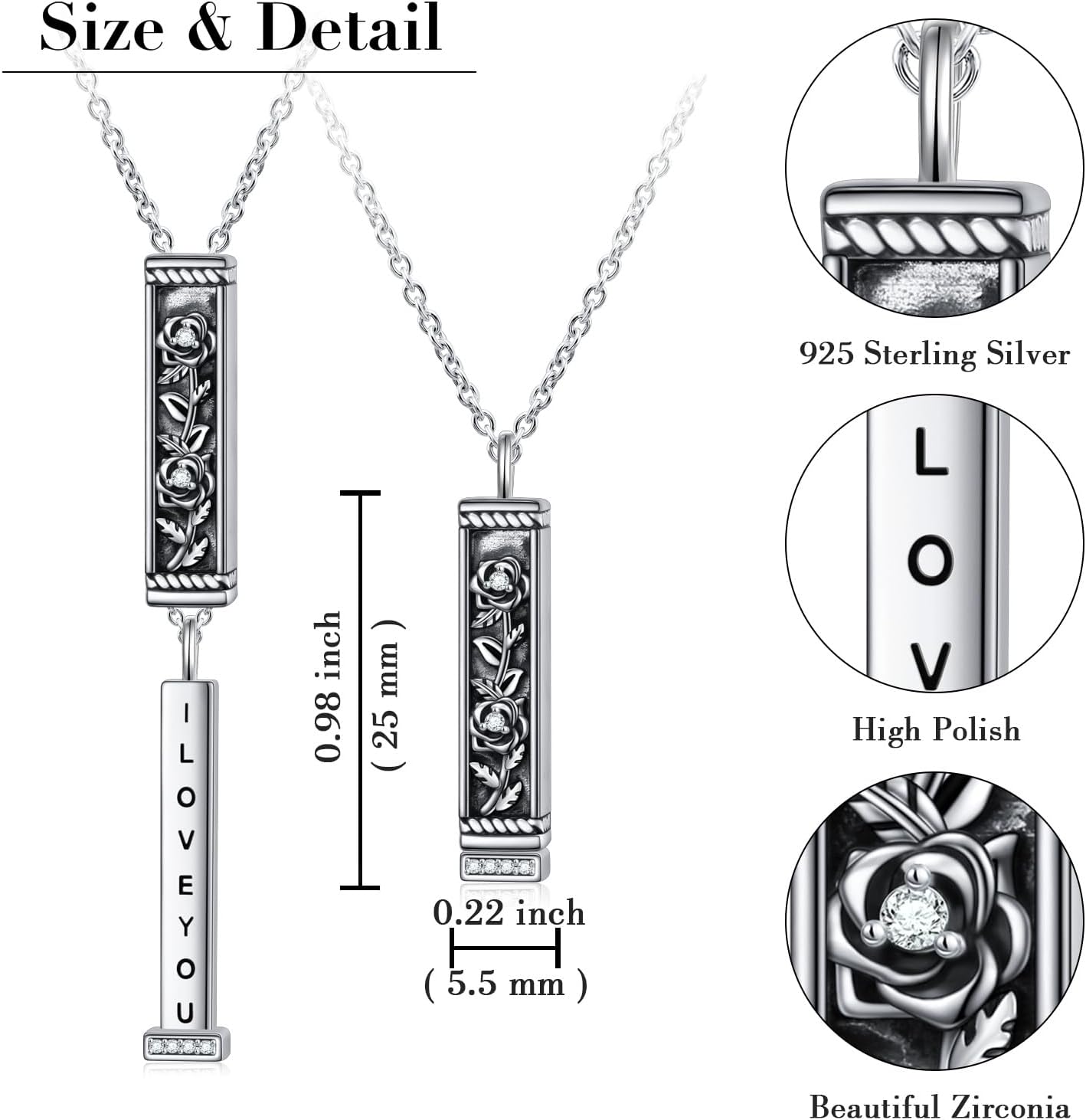 Ladytree I Love You Necklace Sterling Silver Rose Bar Necklace Engraved Hidden Message Oxidized Secret Jewelry Romantic Birthday Valentines Day Couples Gifts for Women - Image 6