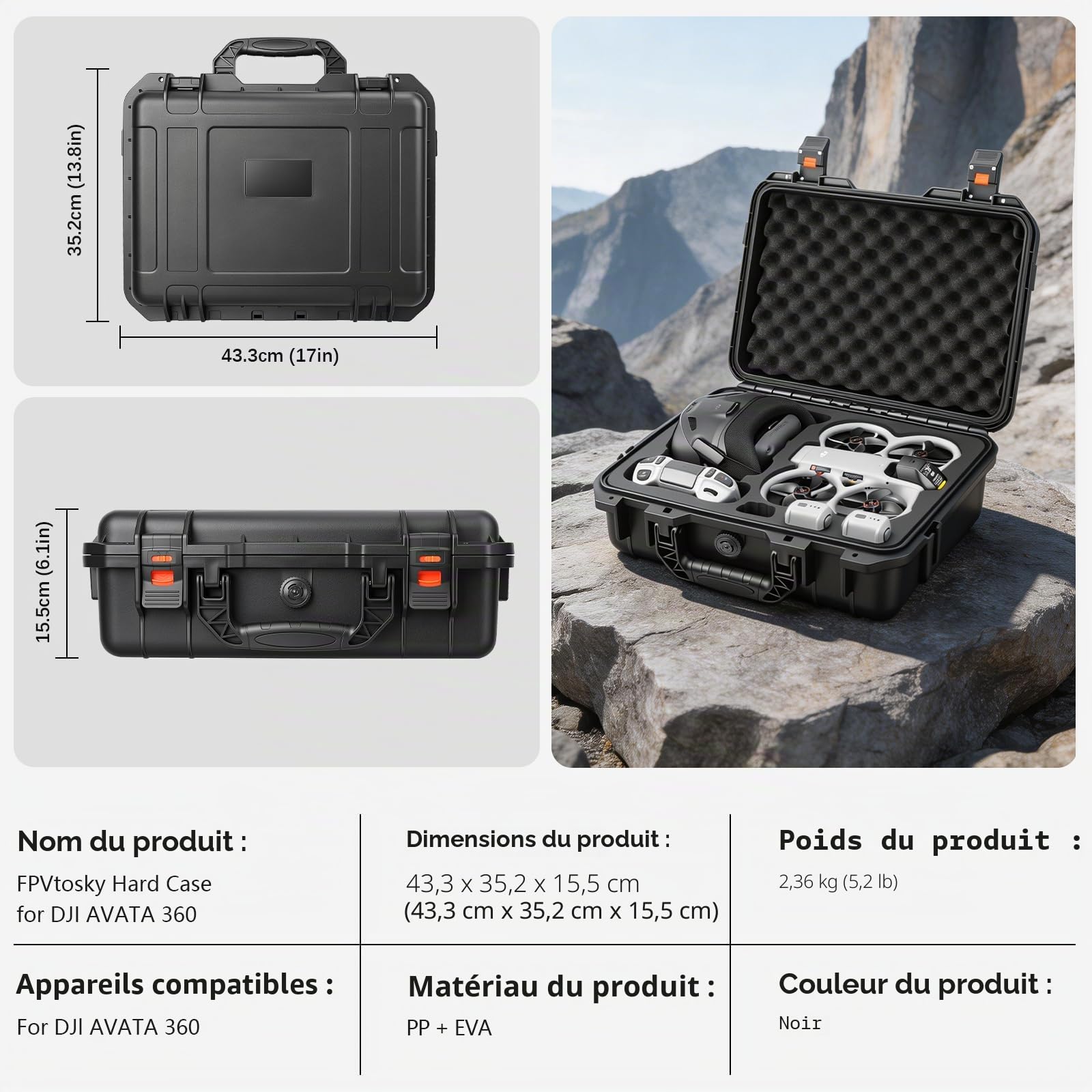 Fpvtosky Avata 360 Koffer, Sac étanche à coque rigide pour DJI Avata 360 Fly More Combo Accessoires pour DJI Goggles N3, RC Motion 3, Contrôleur FPV 3/RC 2, 3 batteries et station de charge