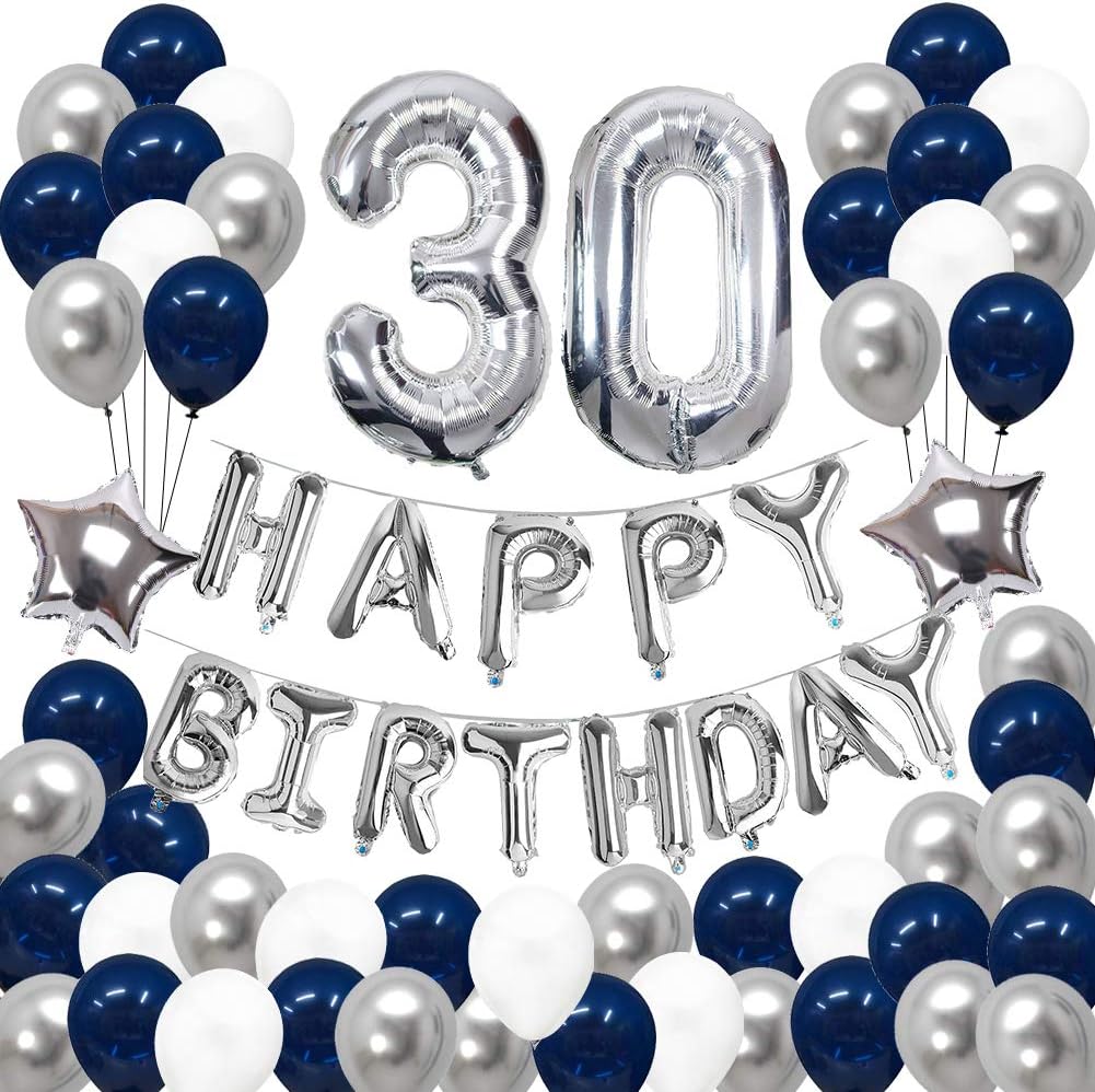 30th Birthday Decorations, Puchod Happy Birthday Banner Kit Number 30 Foil Ballon Party Decorations Set Blue & Sliver for Men