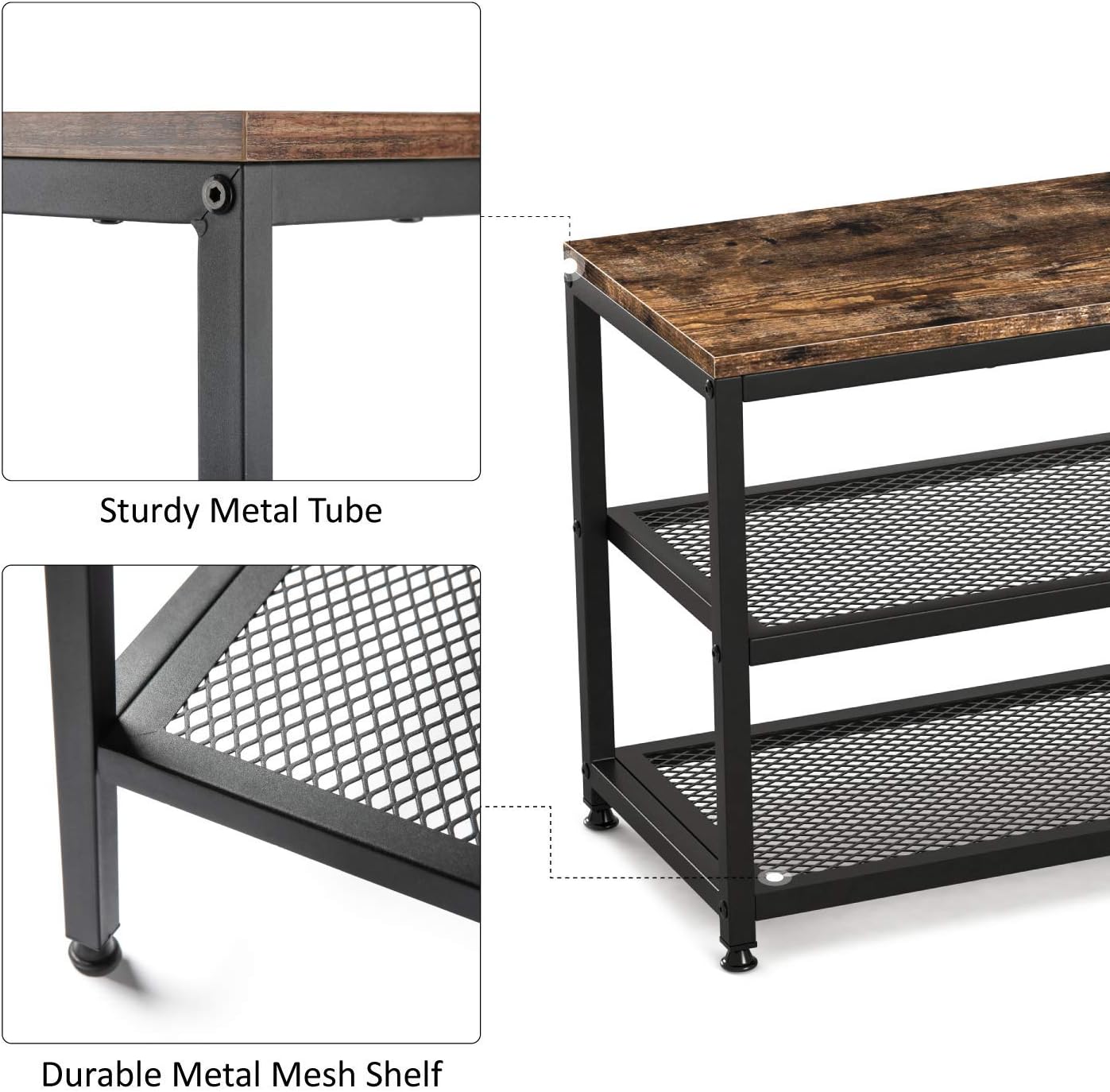 Ballucci Shoe Rack Bench, 3-Tier Shoe Rack, Entryway Shoe Organizer with Seat, Metal Storage Shelves for Hallway, Living Room, Mudroom - Rustic Brown
