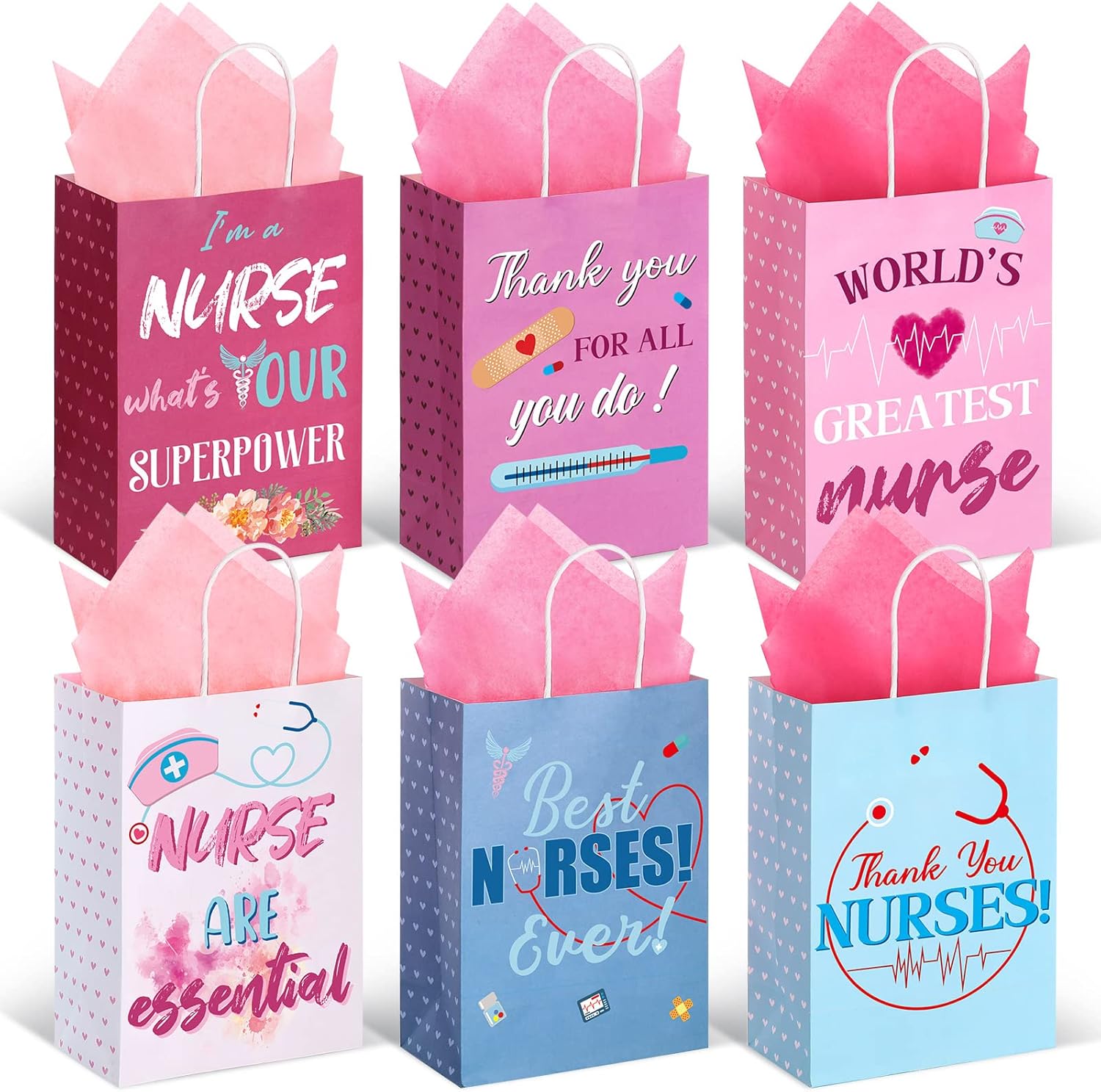 Censen 30 Pcs Nurse Gifts Bag Medical Assistant Gifts Bags Thank You Doctor Paper Goodie Bags with Handles for Healthcare Workers Back to School Party Nurse Appreciation Workers' Day Supplie (Sweet)