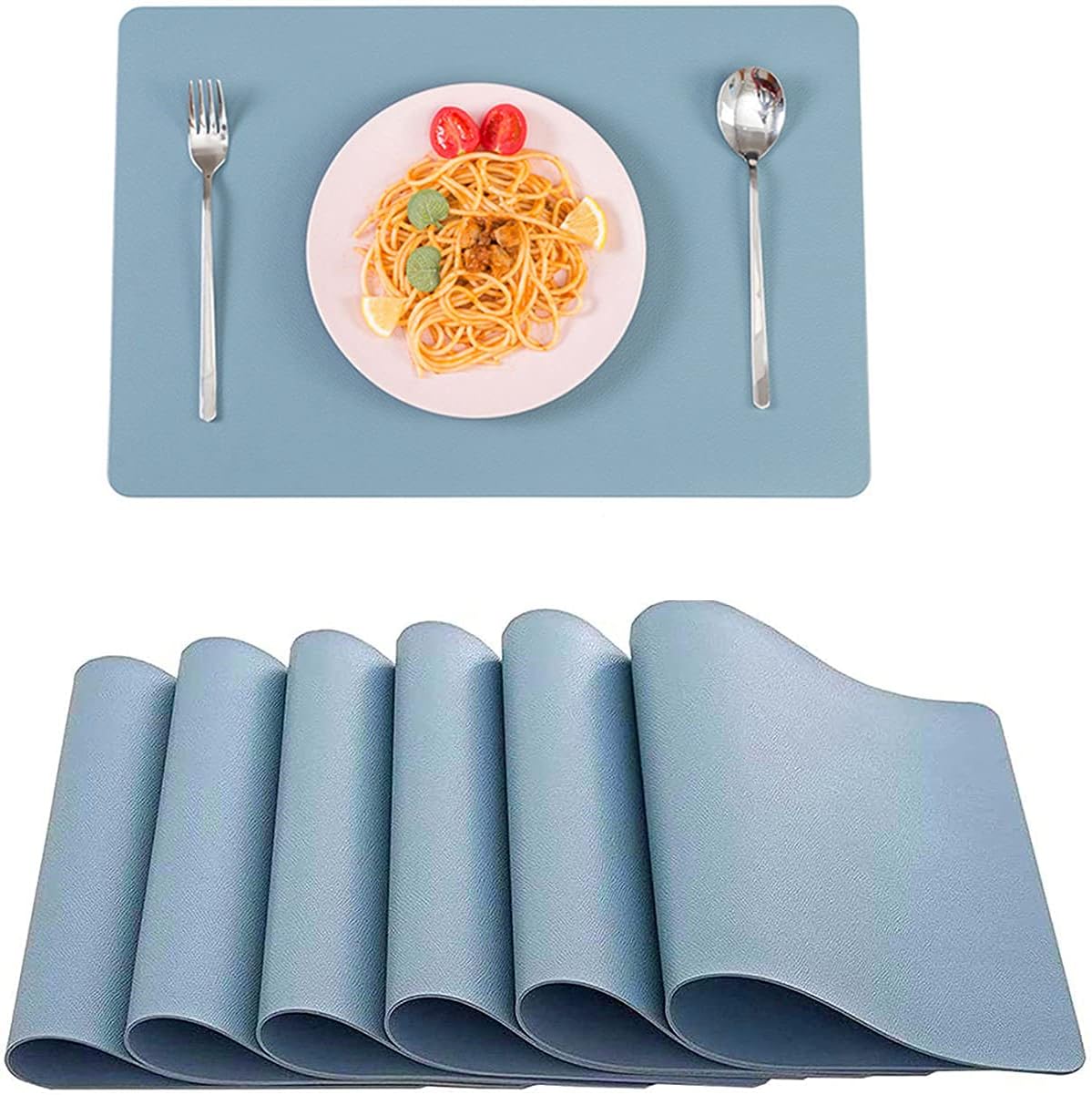 Leather Washable Placemats,Thick Faux Leather Heat Resistant Rectangle Table Mats,Waterproof Non-Slip Easy to Clean Placemats for Kitchen Coffee Dining Room Table Set of 6(Light Blue)